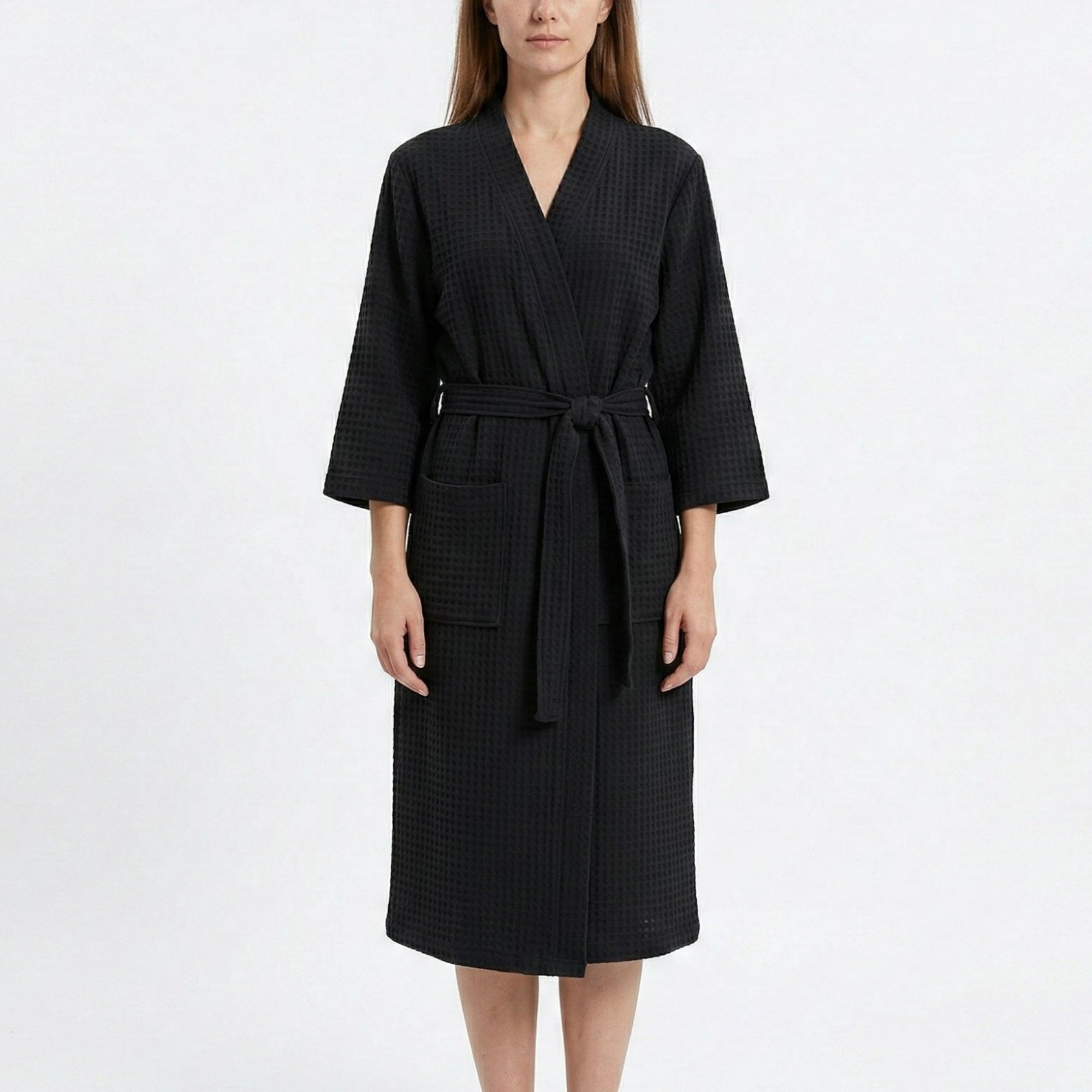 Anna-Kaci Women's Textured Knit Wrap Bathrobe with Three Quarter Sleeves Adjustable Waist Tie
