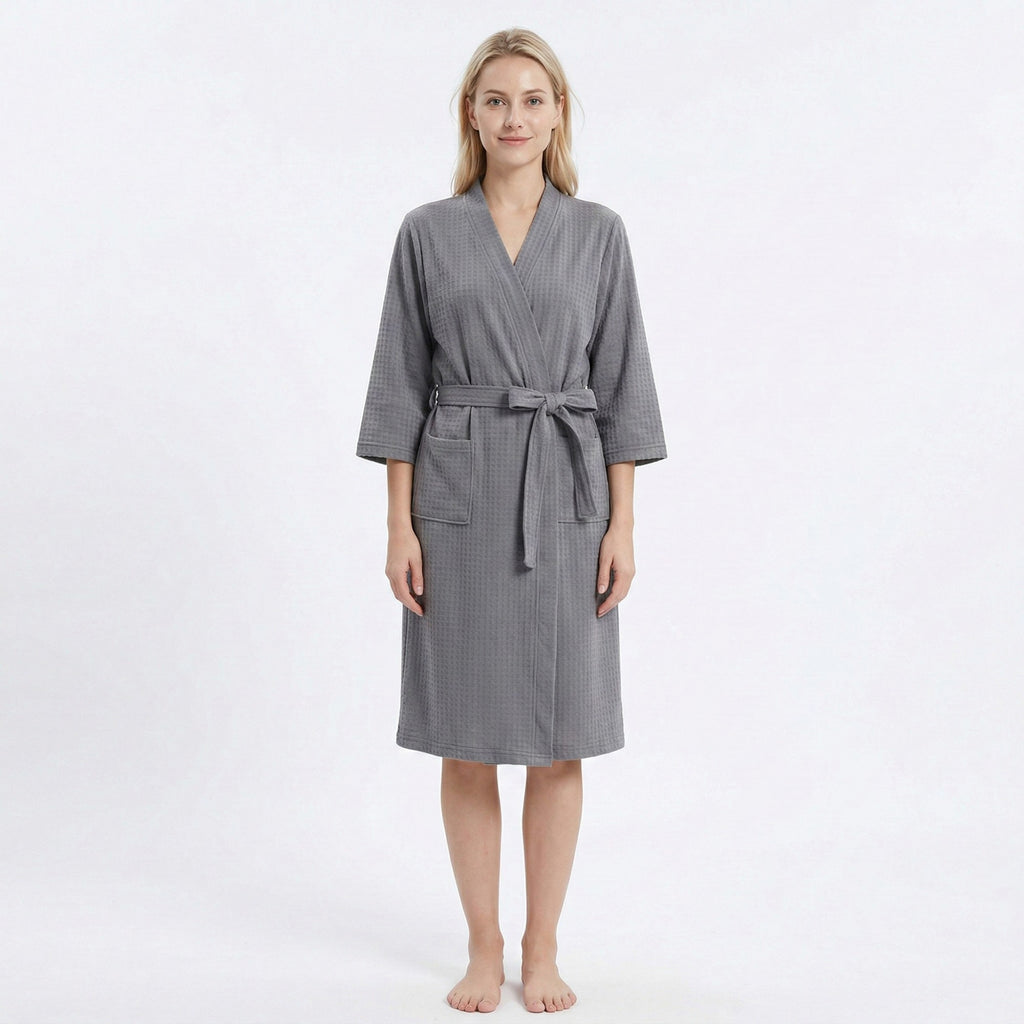 Anna-Kaci Women's Textured Knit Wrap Bathrobe with Three Quarter Sleeves Adjustable Waist Tie