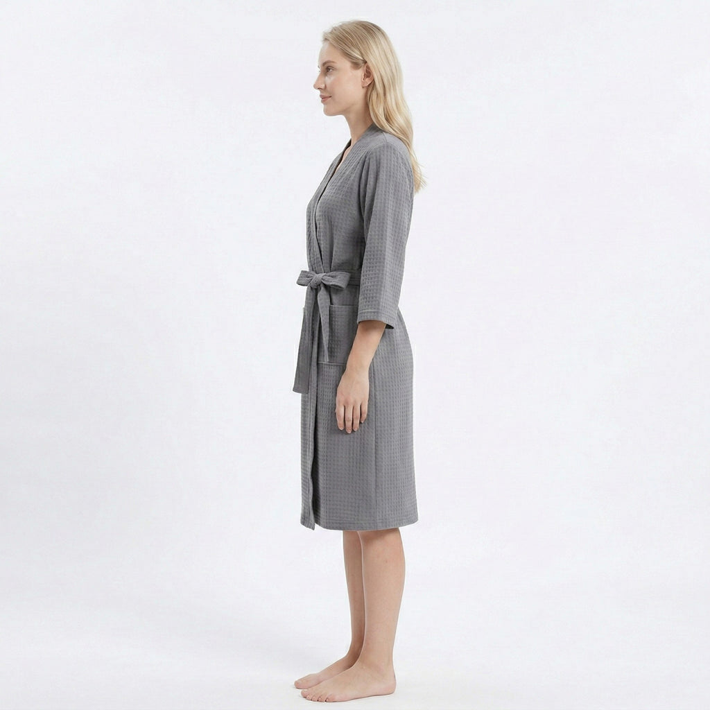 Anna-Kaci Women's Textured Knit Wrap Bathrobe with Three Quarter Sleeves Adjustable Waist Tie