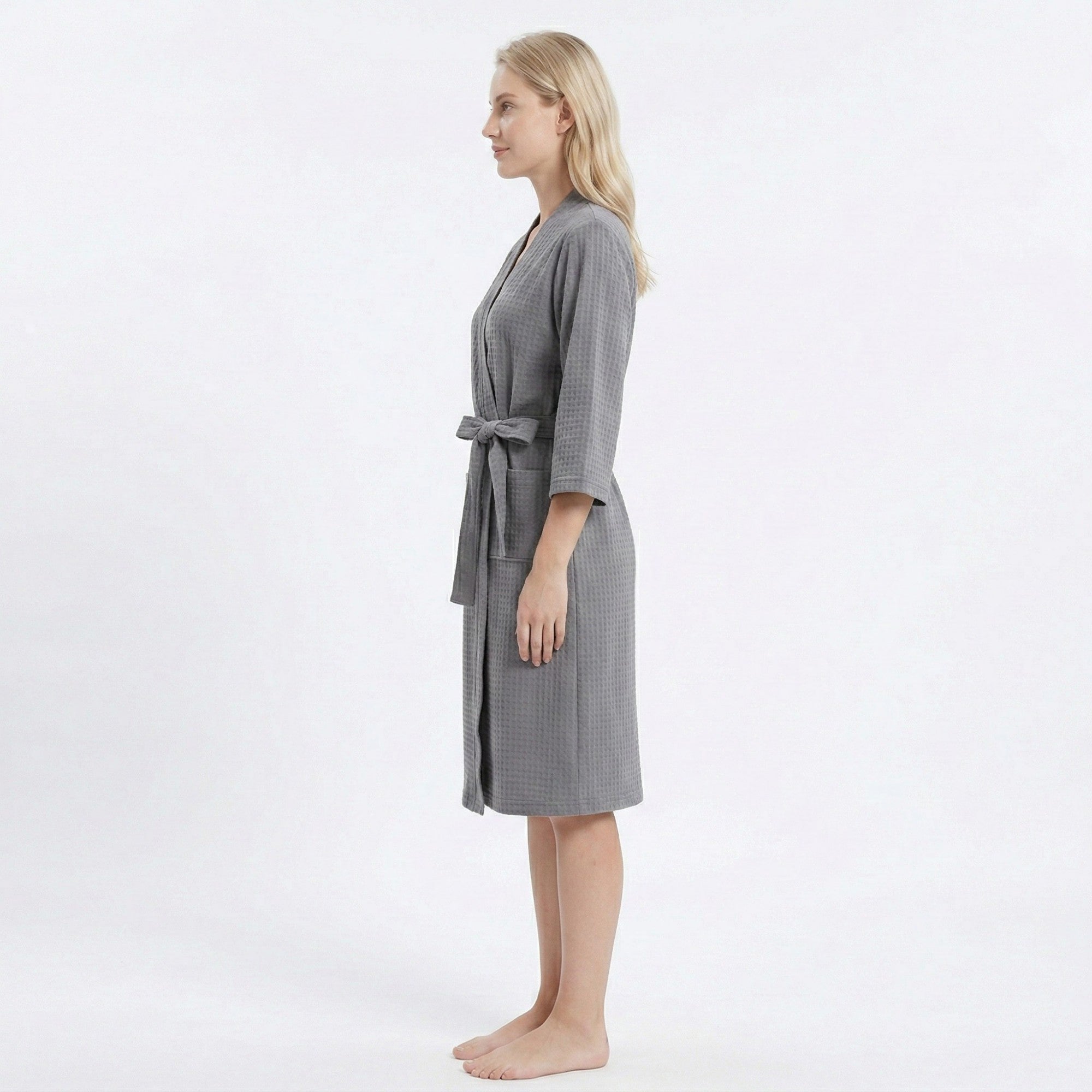 Anna-Kaci Women's Textured Knit Wrap Bathrobe with Three Quarter Sleeves Adjustable Waist Tie