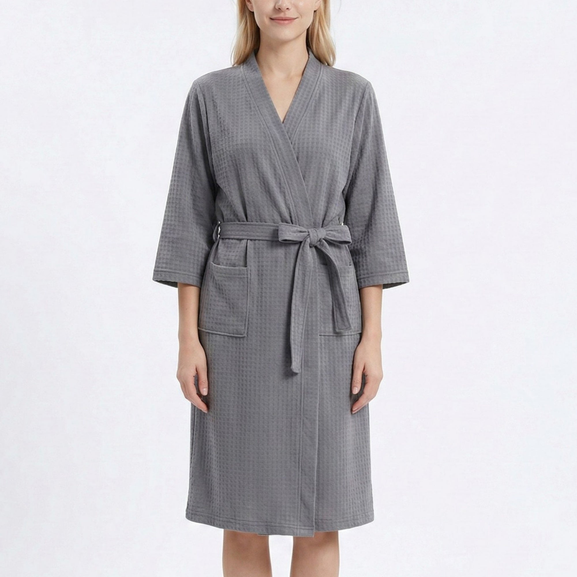 Anna-Kaci Women's Textured Knit Wrap Bathrobe with Three Quarter Sleeves Adjustable Waist Tie