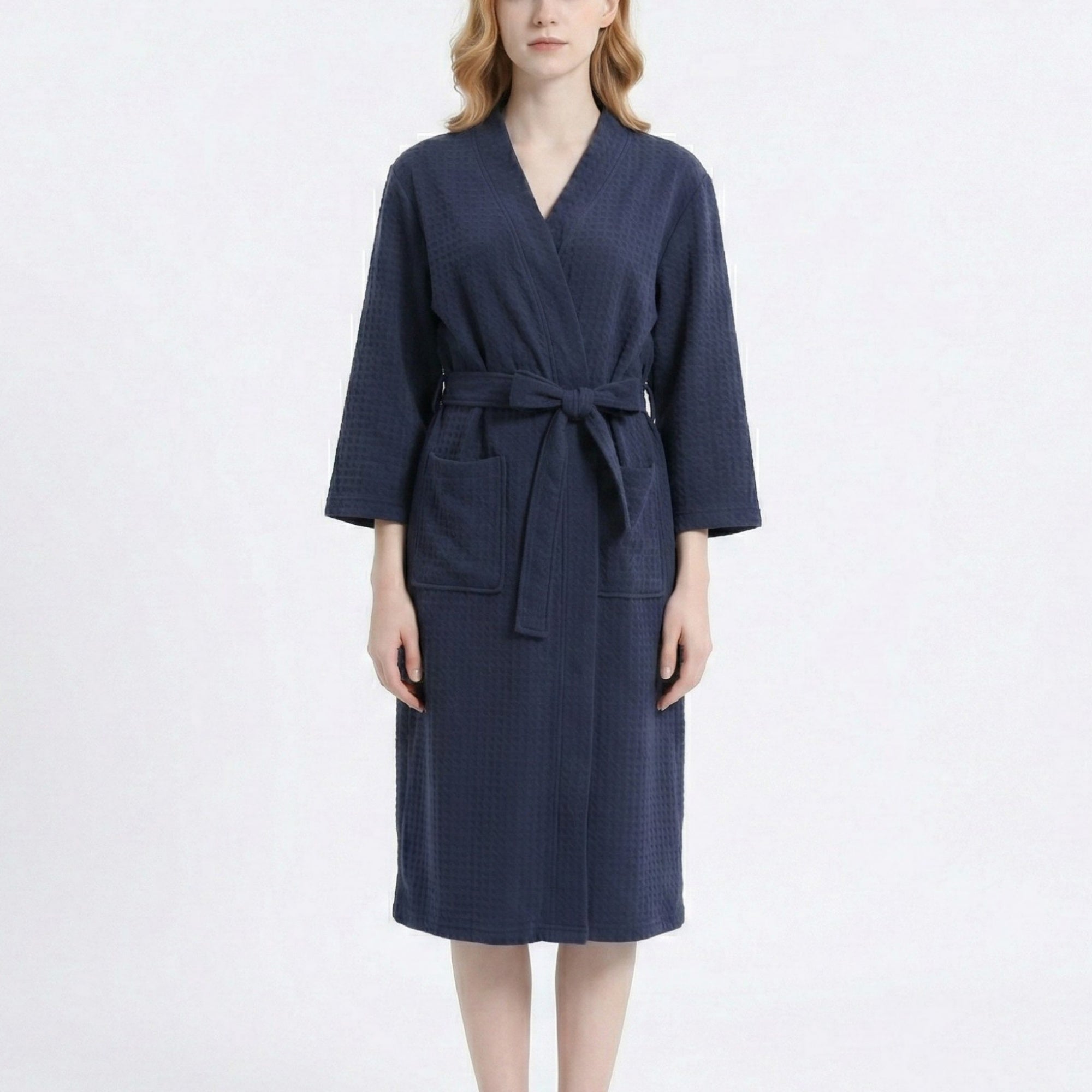Anna-Kaci Women's Textured Knit Wrap Bathrobe with Three Quarter Sleeves Adjustable Waist Tie