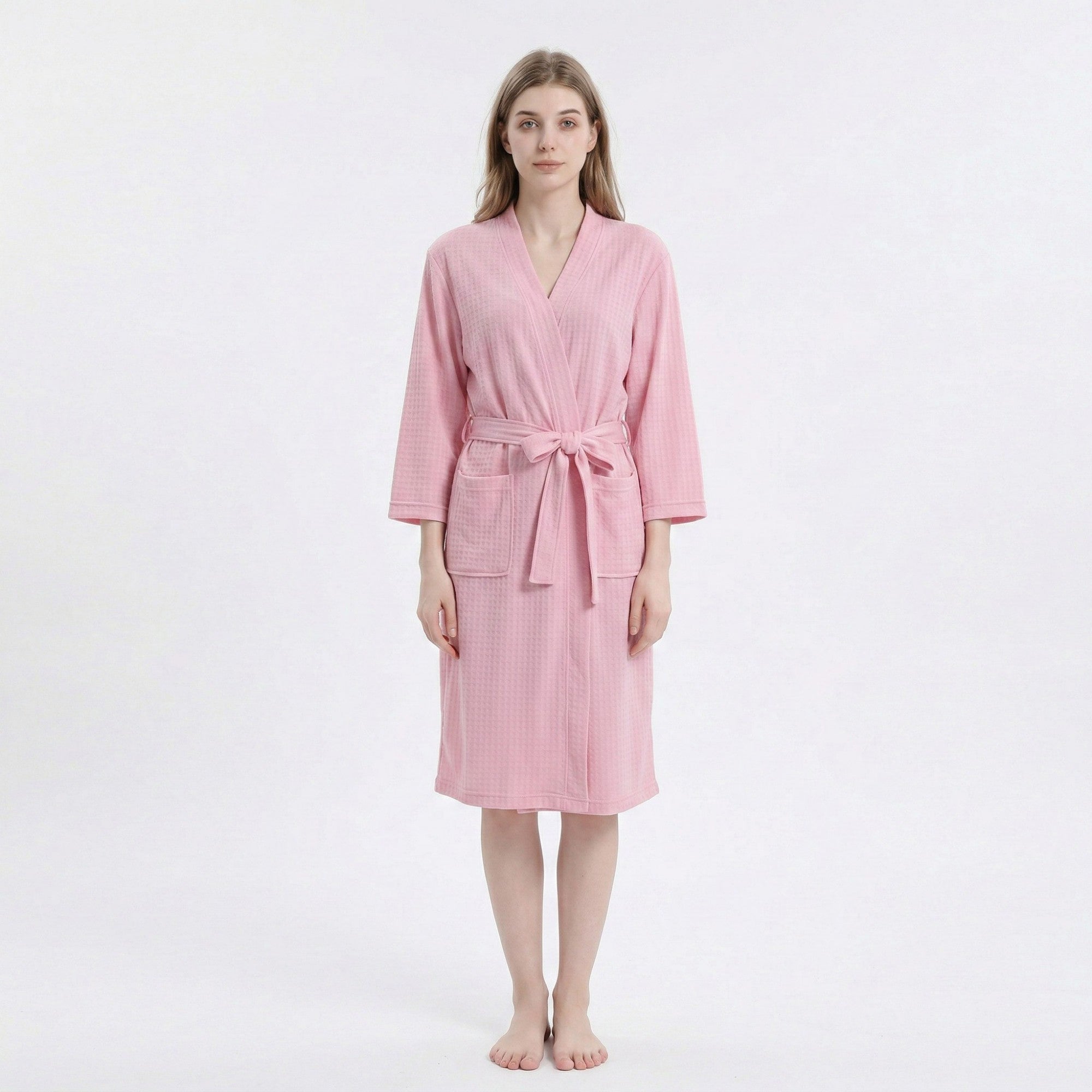 Anna-Kaci Women's Textured Knit Wrap Bathrobe with Three Quarter Sleeves Adjustable Waist Tie