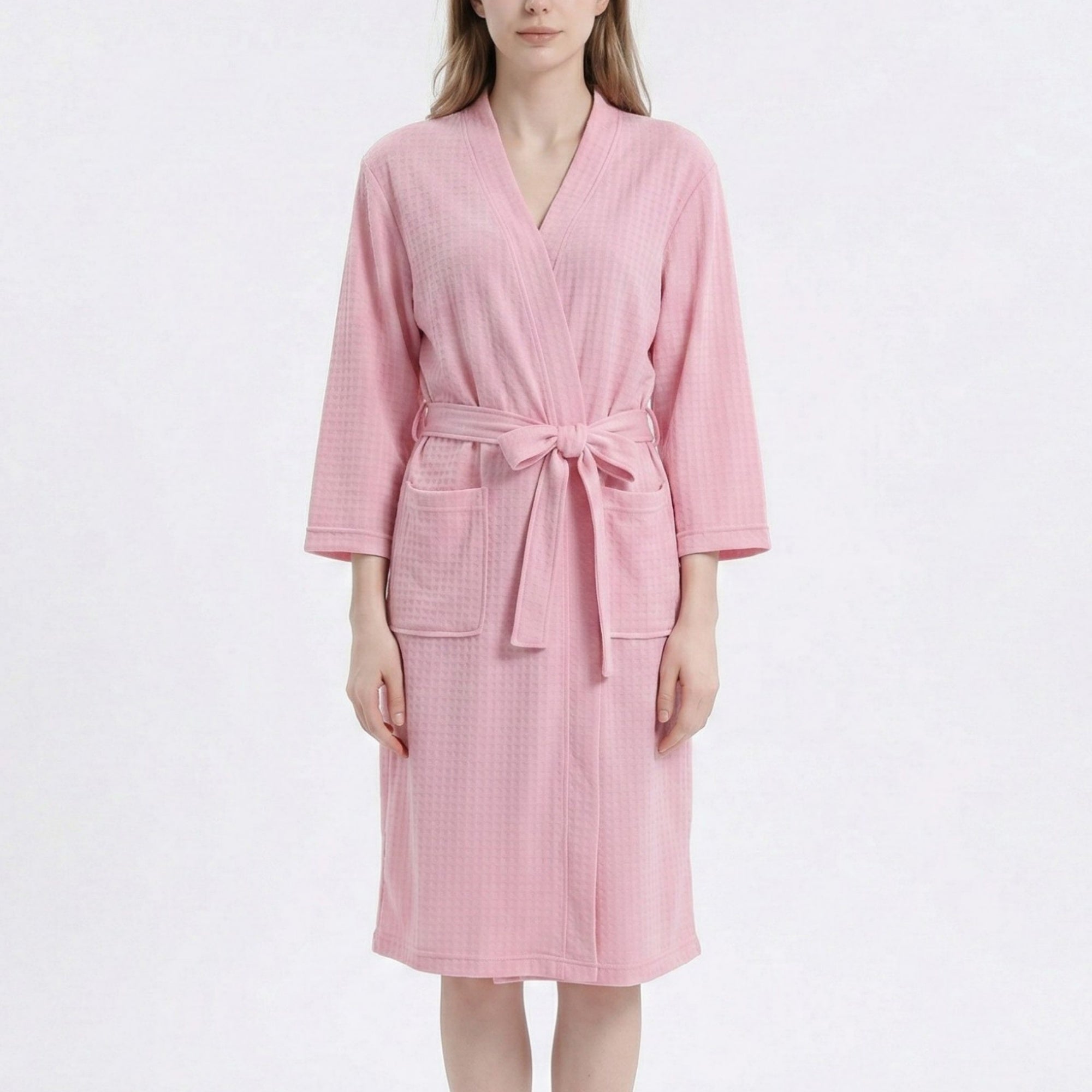 Anna-Kaci Women's Textured Knit Wrap Bathrobe with Three Quarter Sleeves Adjustable Waist Tie