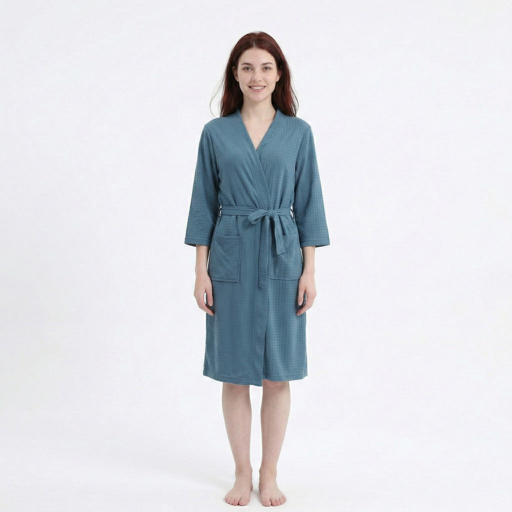 Anna-Kaci Women's Textured Knit Wrap Bathrobe with Three Quarter Sleeves Adjustable Waist Tie