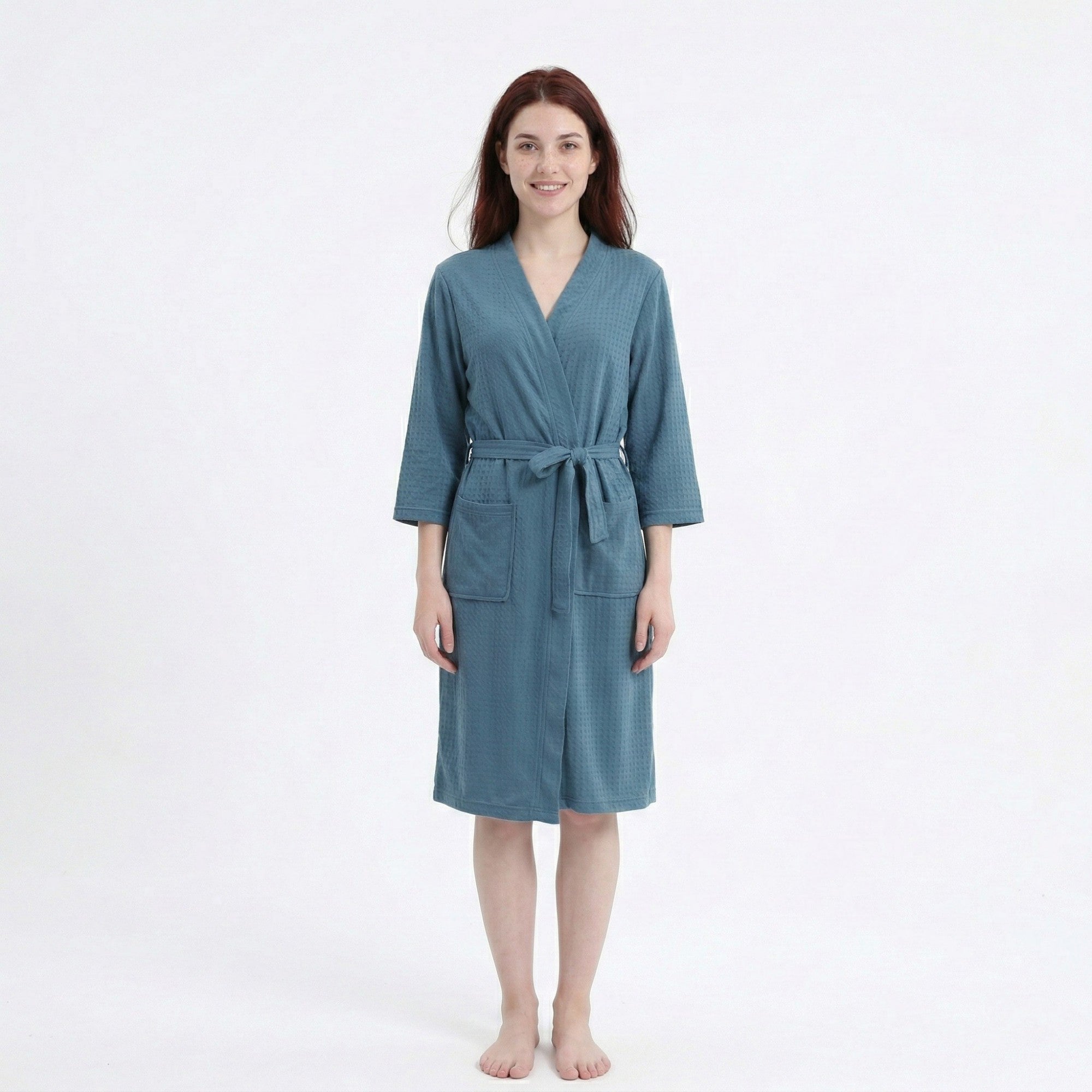 Anna-Kaci Women's Textured Knit Wrap Bathrobe with Three Quarter Sleeves Adjustable Waist Tie
