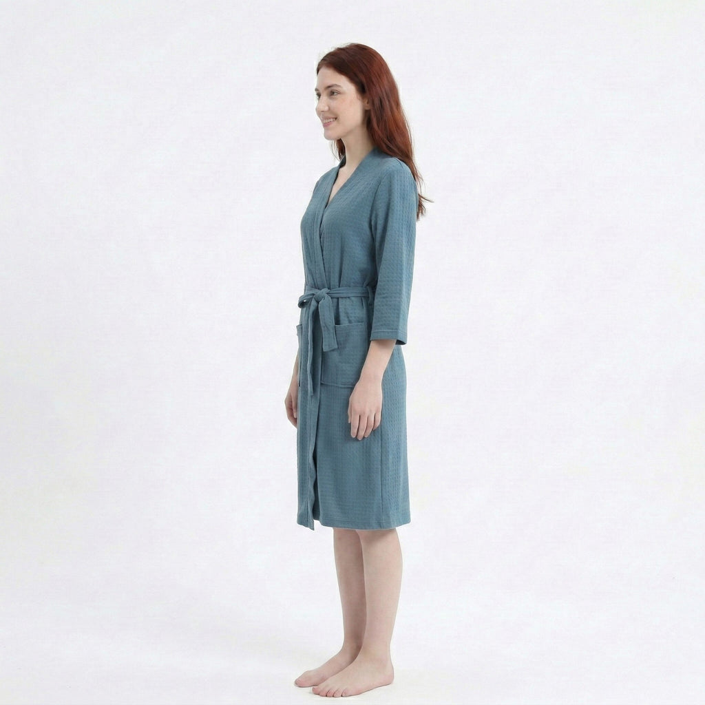 Anna-Kaci Women's Textured Knit Wrap Bathrobe with Three Quarter Sleeves Adjustable Waist Tie