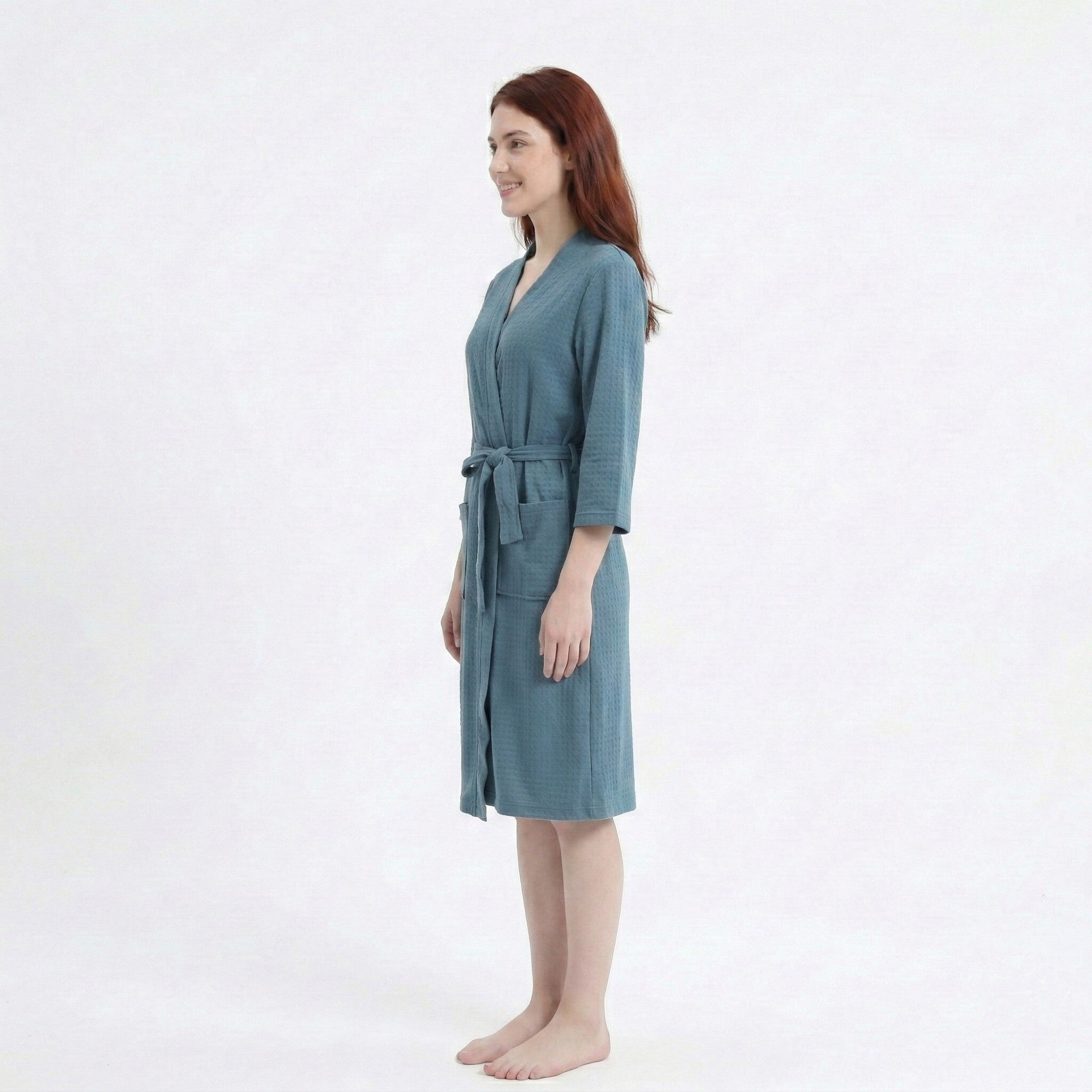Anna-Kaci Women's Textured Knit Wrap Bathrobe with Three Quarter Sleeves Adjustable Waist Tie