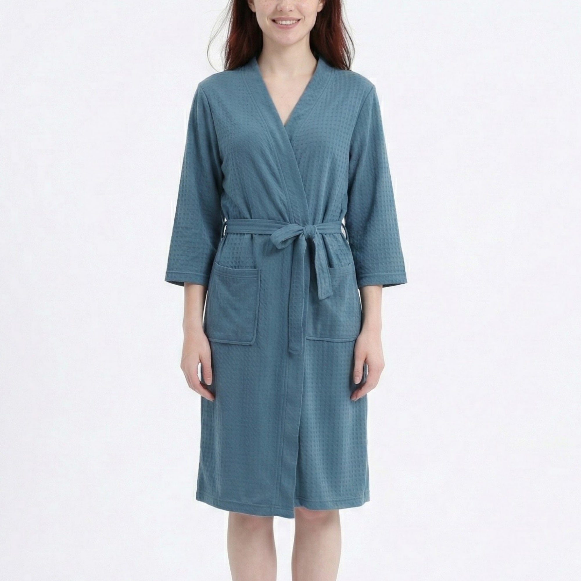 Anna-Kaci Women's Textured Knit Wrap Bathrobe with Three Quarter Sleeves Adjustable Waist Tie