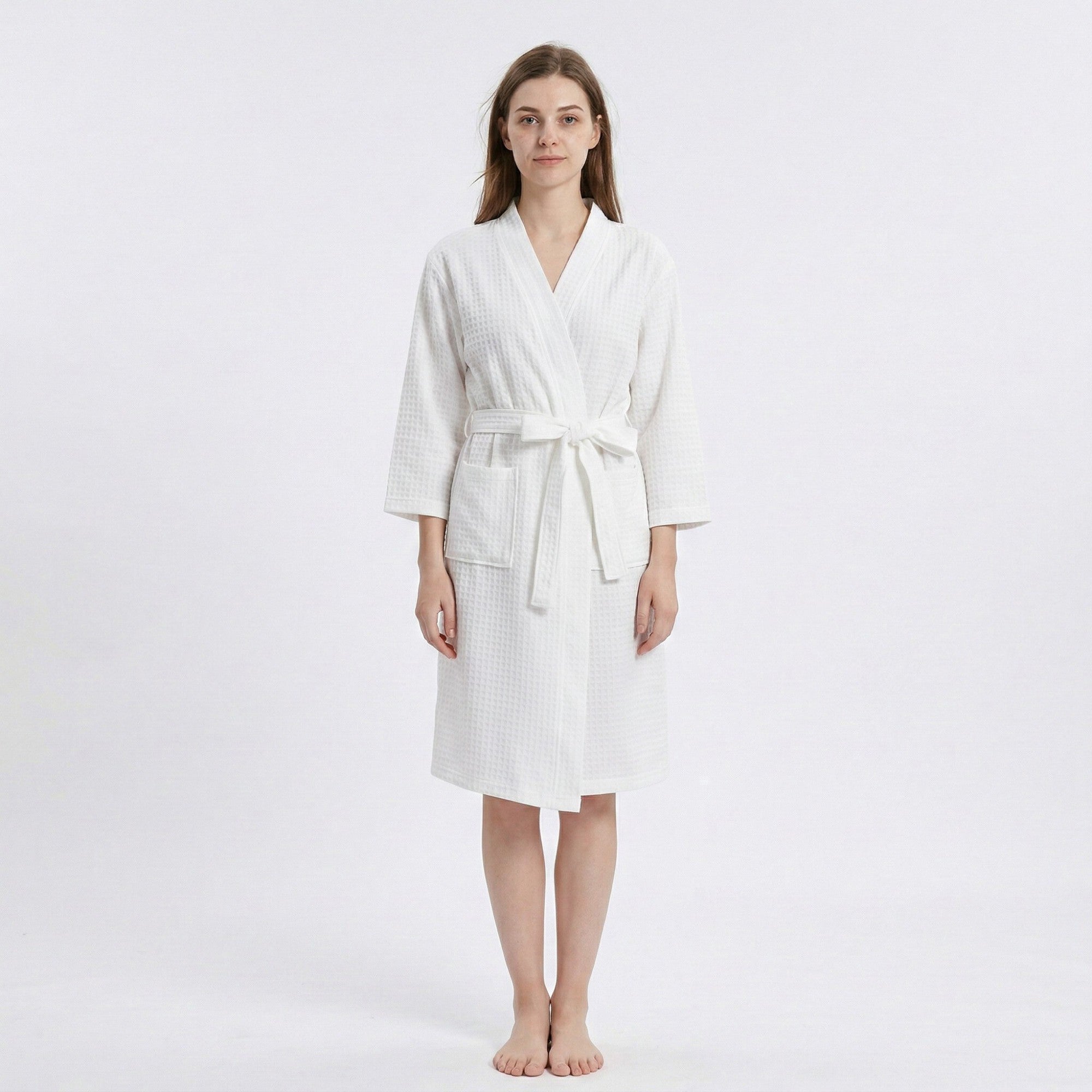 Anna-Kaci Women's Textured Knit Wrap Bathrobe with Three Quarter Sleeves Adjustable Waist Tie