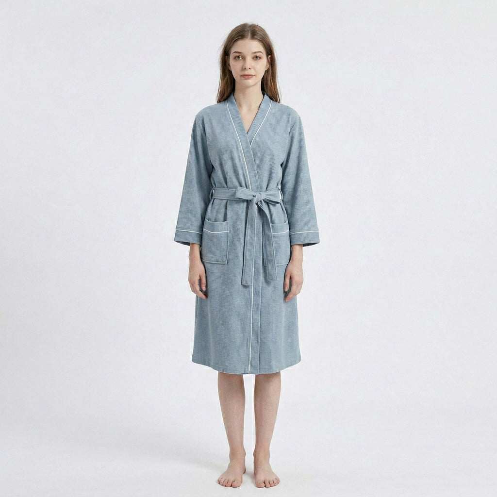 Anna-Kaci Waffle Knit Long Sleeve Bathrobe with Adjustable Waist Tie Belt and Front Patch Pockets