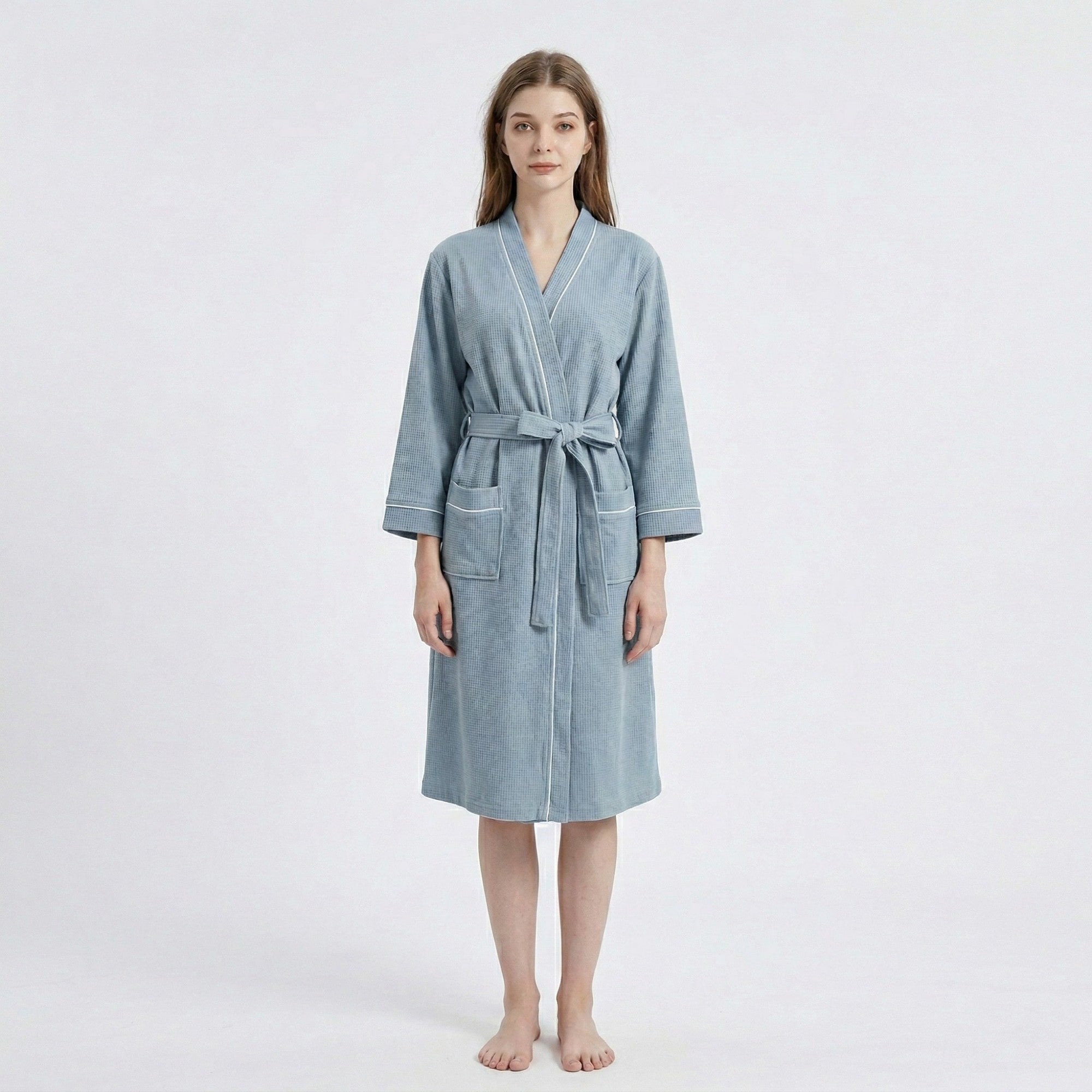 Anna-Kaci Waffle Knit Long Sleeve Bathrobe with Adjustable Waist Tie Belt and Front Patch Pockets