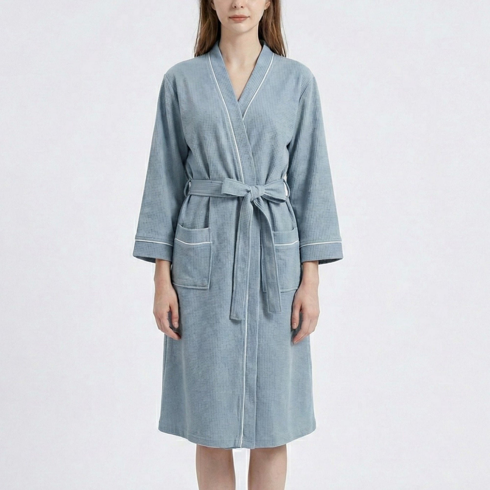 Anna-Kaci Waffle Knit Long Sleeve Bathrobe with Adjustable Waist Tie Belt and Front Patch Pockets