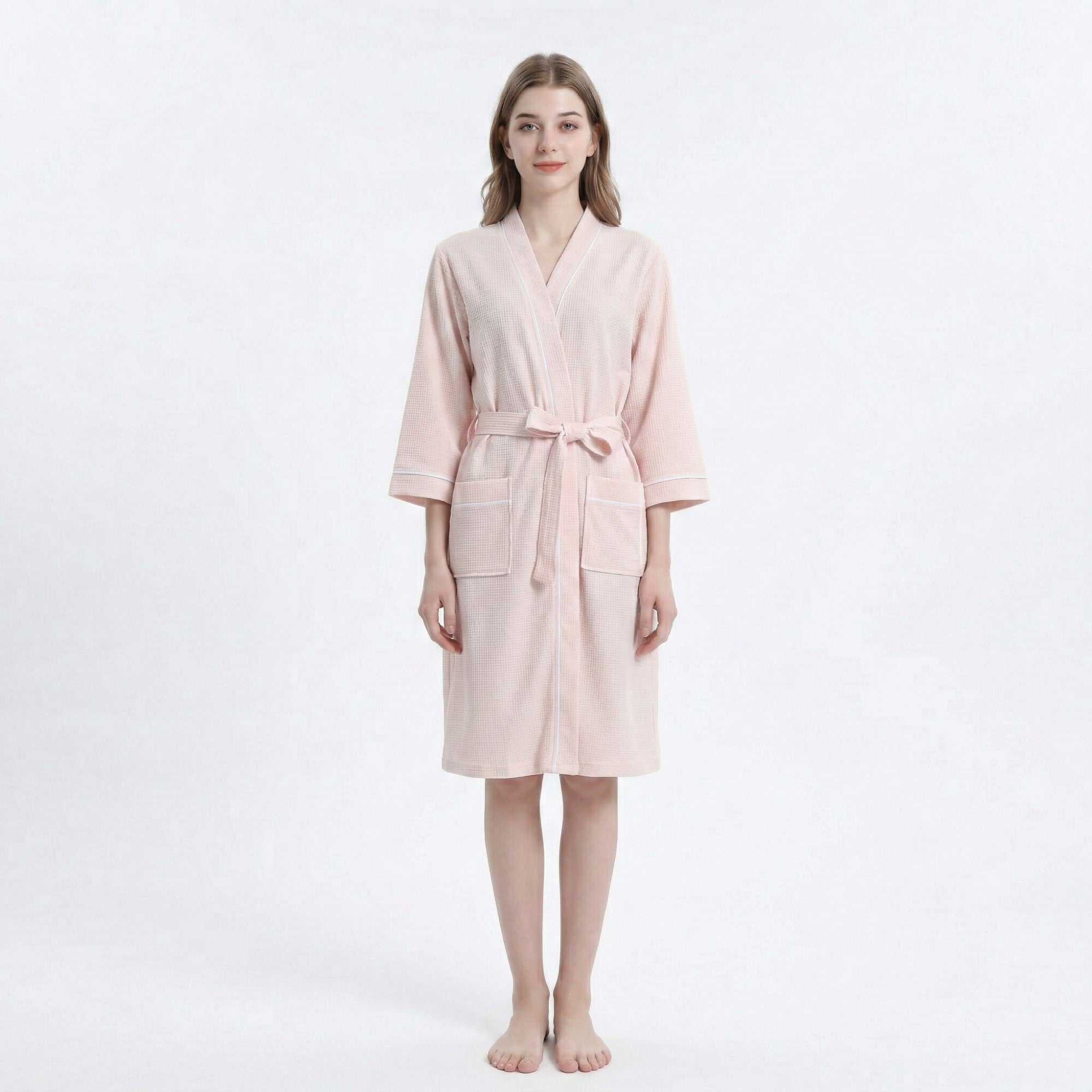 Anna-Kaci Waffle Knit Long Sleeve Bathrobe with Adjustable Waist Tie Belt and Front Patch Pockets