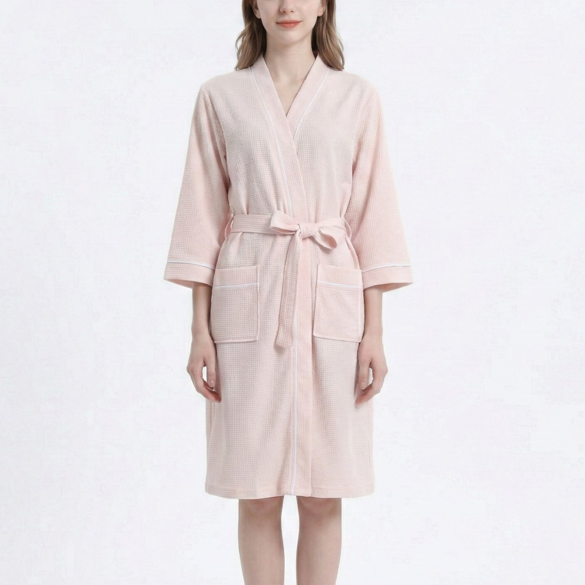 Anna-Kaci Waffle Knit Long Sleeve Bathrobe with Adjustable Waist Tie Belt and Front Patch Pockets