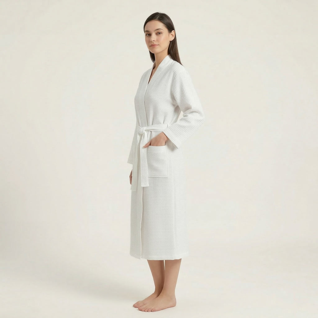Anna-Kaci Waffle Knit Long Sleeve Bathrobe with Adjustable Waist Tie Belt and Front Patch Pockets
