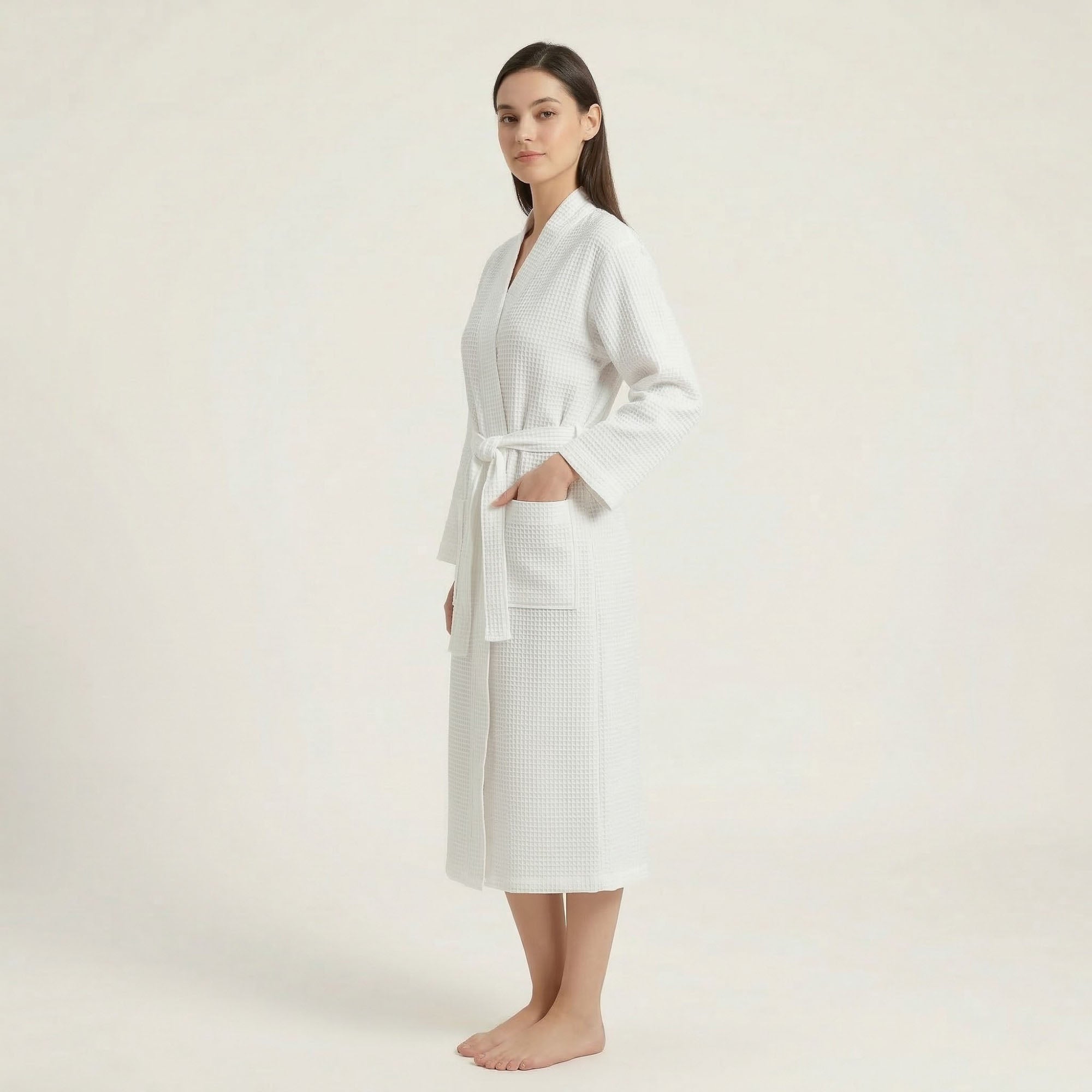 Anna-Kaci Waffle Knit Long Sleeve Bathrobe with Adjustable Waist Tie Belt and Front Patch Pockets