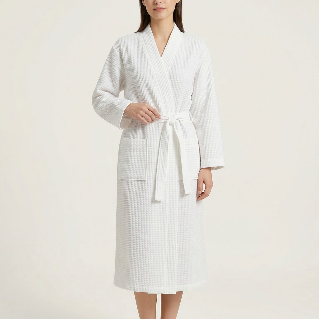 Anna-Kaci Waffle Knit Long Sleeve Bathrobe with Adjustable Waist Tie Belt and Front Patch Pockets