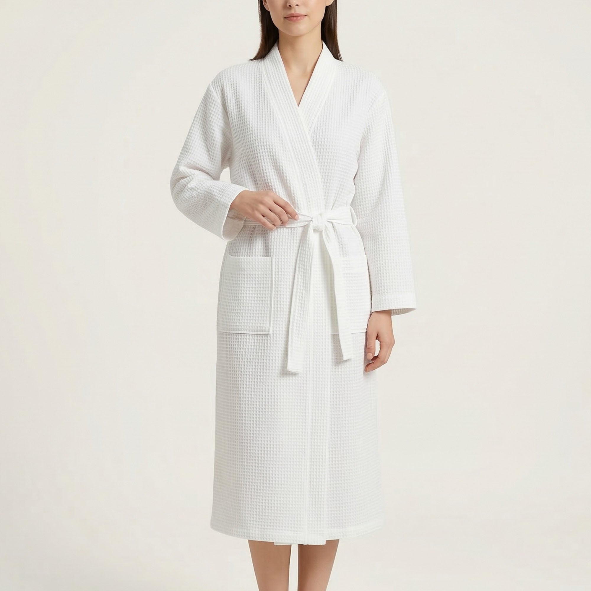Anna-Kaci Waffle Knit Long Sleeve Bathrobe with Adjustable Waist Tie Belt and Front Patch Pockets