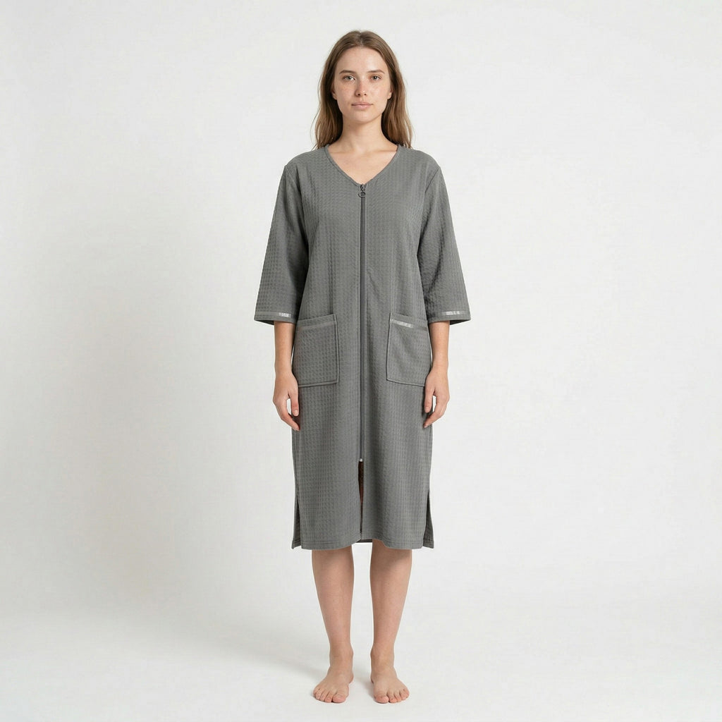 Anna-Kaci Women's Textured Knit Zip Front Nightgown with V Neckline Three Quarter Sleeves Relaxed Fit