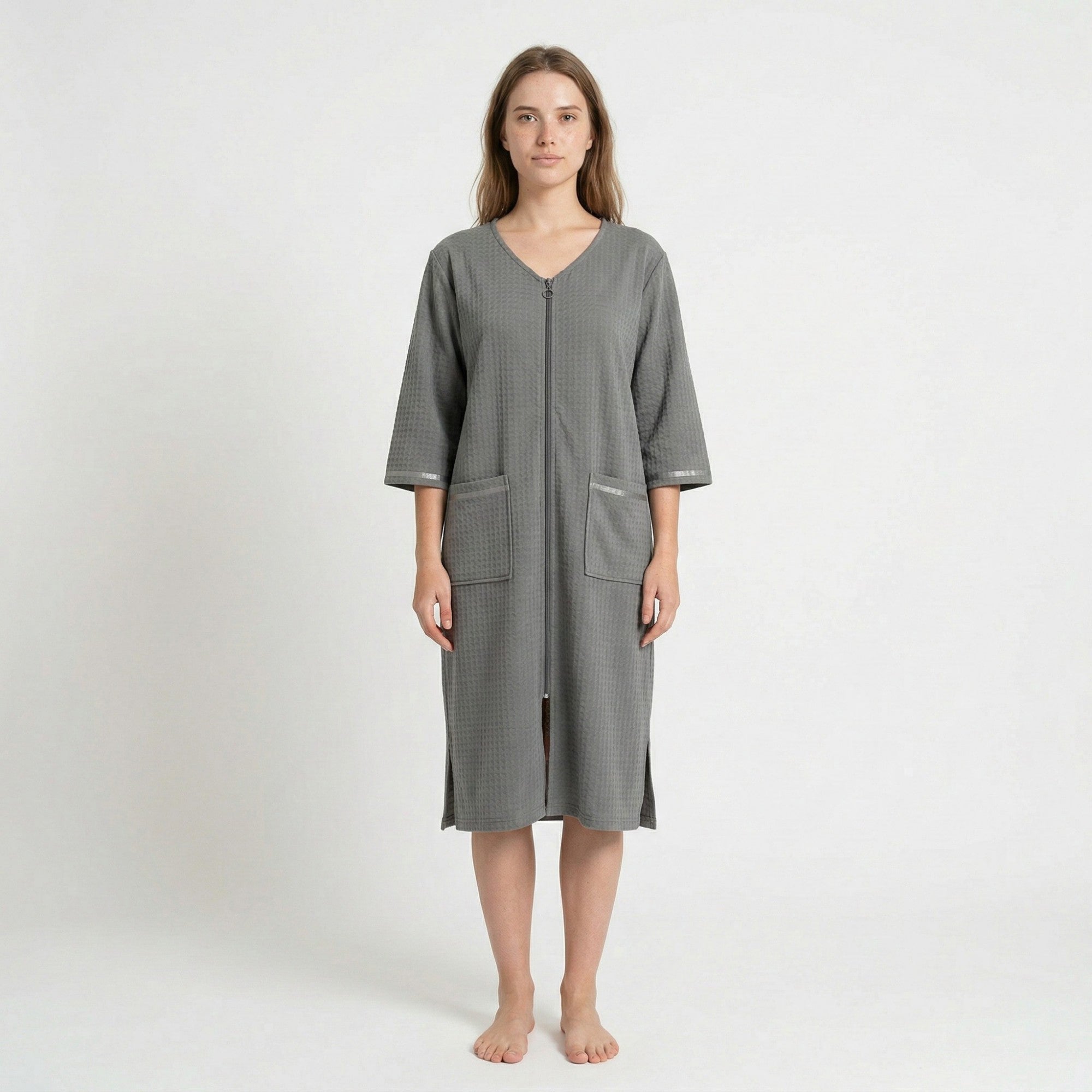 Anna-Kaci Women's Textured Knit Zip Front Nightgown with V Neckline Three Quarter Sleeves Relaxed Fit