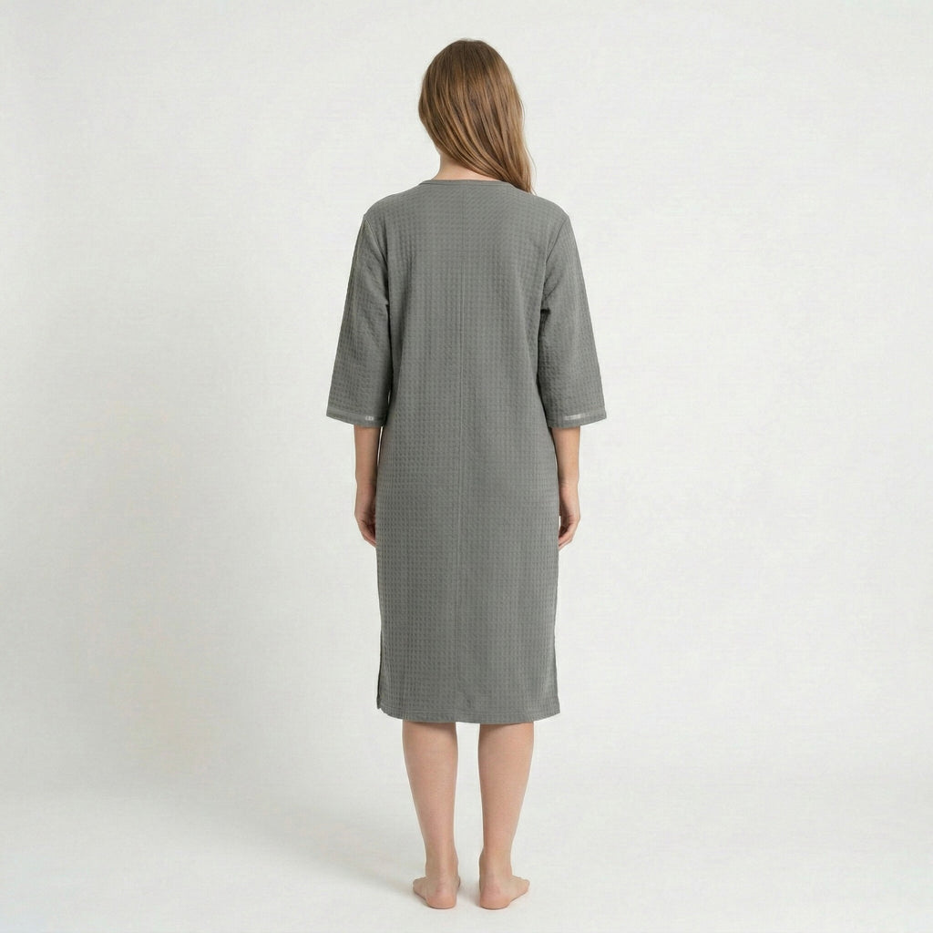 Anna-Kaci Women's Textured Knit Zip Front Nightgown with V Neckline Three Quarter Sleeves Relaxed Fit