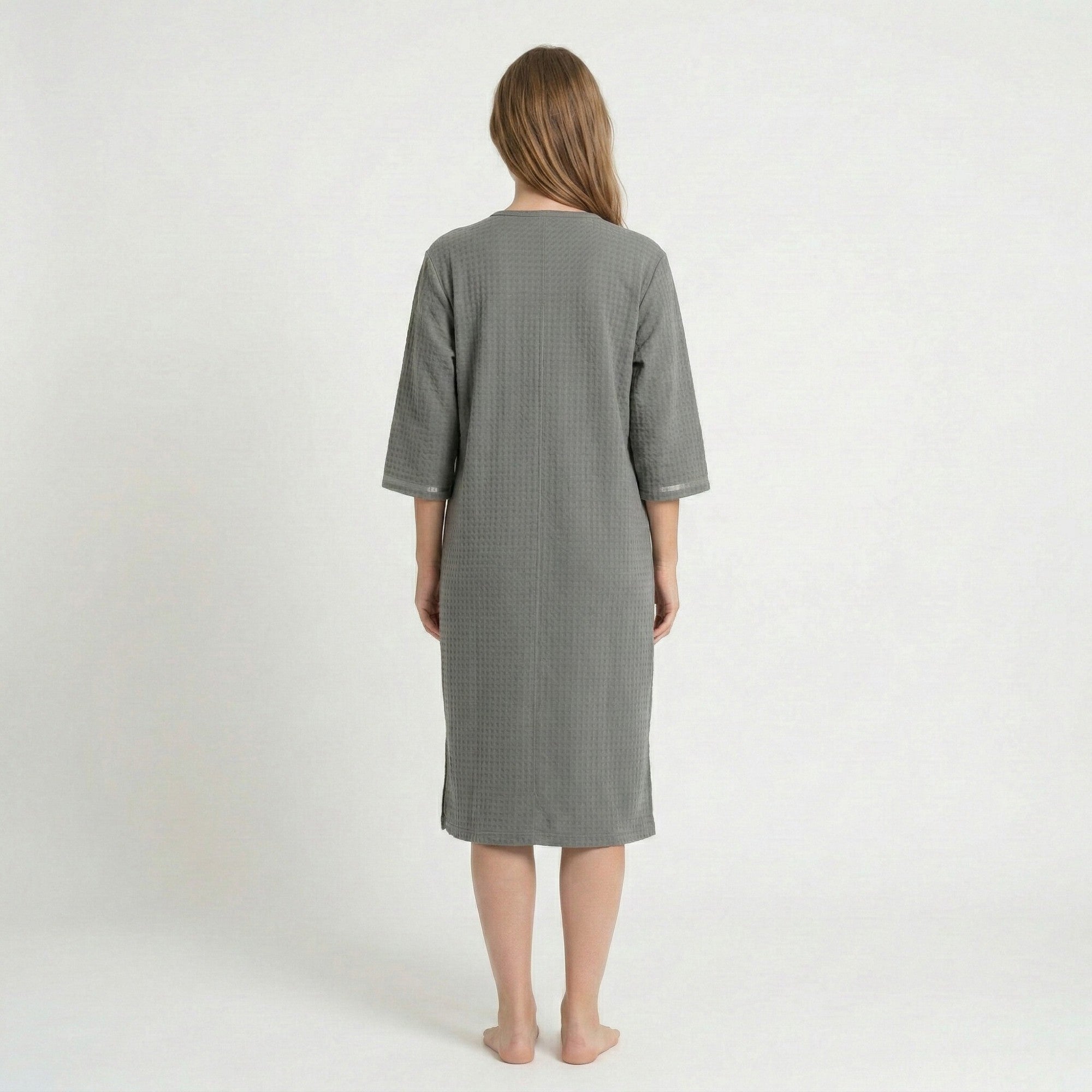 Anna-Kaci Women's Textured Knit Zip Front Nightgown with V Neckline Three Quarter Sleeves Relaxed Fit