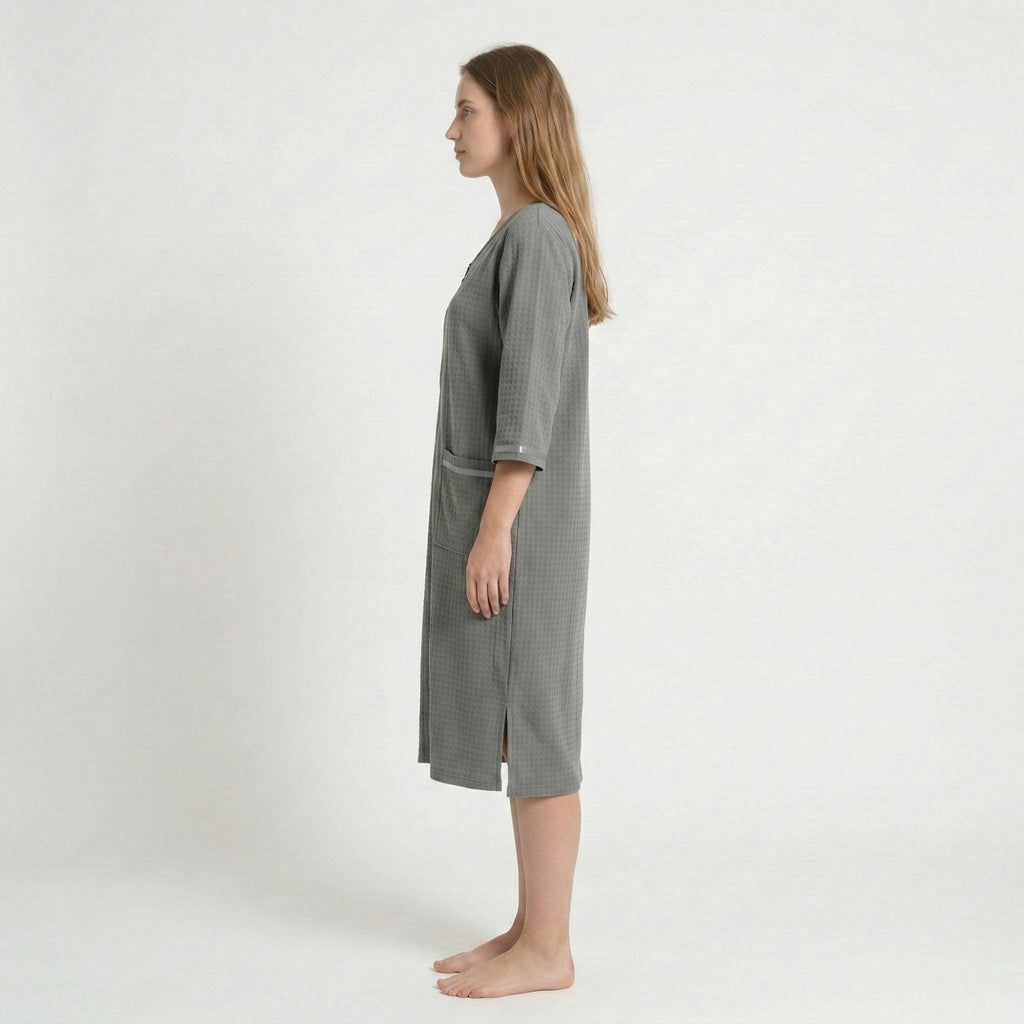 Anna-Kaci Women's Textured Knit Zip Front Nightgown with V Neckline Three Quarter Sleeves Relaxed Fit