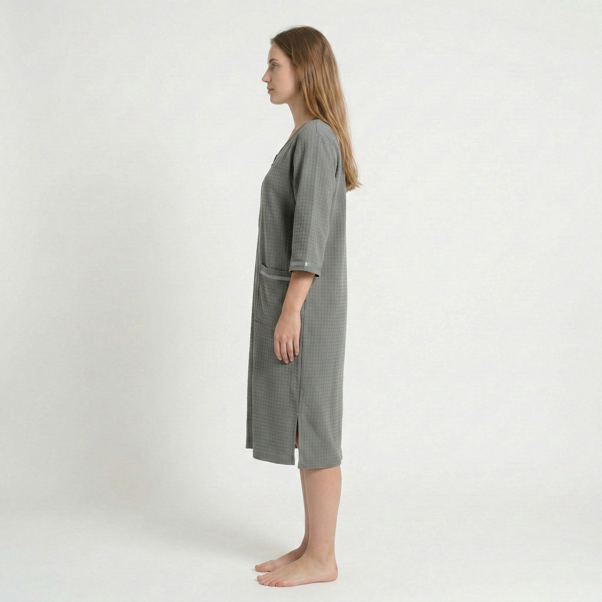 Anna-Kaci Women's Textured Knit Zip Front Nightgown with V Neckline Three Quarter Sleeves Relaxed Fit