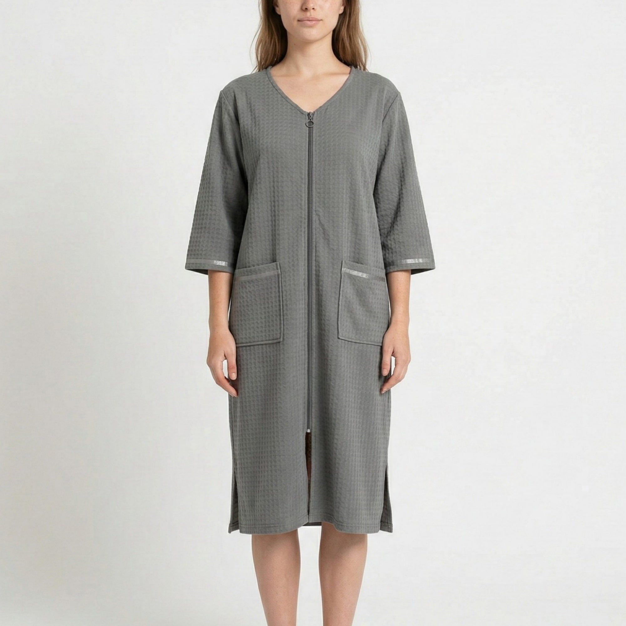 Anna-Kaci Women's Textured Knit Zip Front Nightgown with V Neckline Three Quarter Sleeves Relaxed Fit