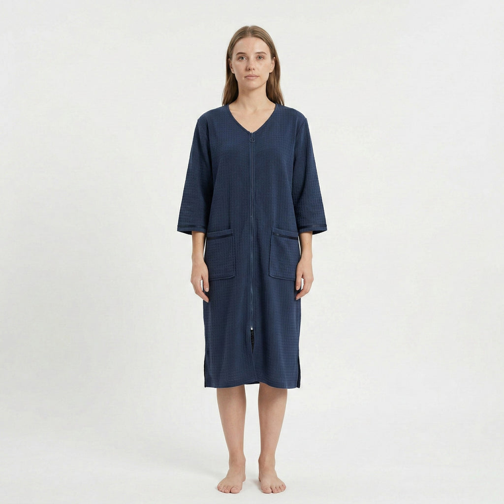 Anna-Kaci Women's Textured Knit Zip Front Nightgown with V Neckline Three Quarter Sleeves Relaxed Fit