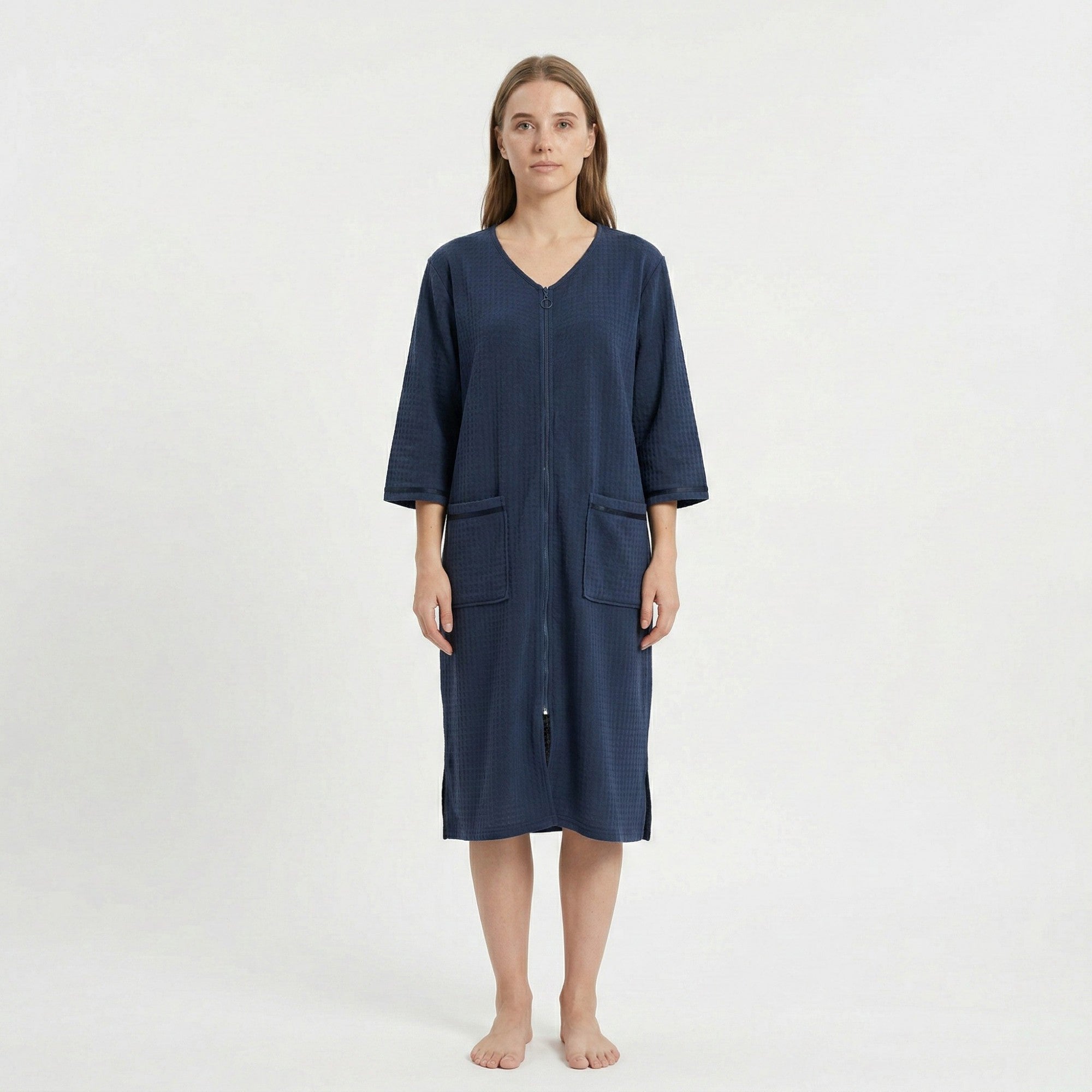 Anna-Kaci Women's Textured Knit Zip Front Nightgown with V Neckline Three Quarter Sleeves Relaxed Fit