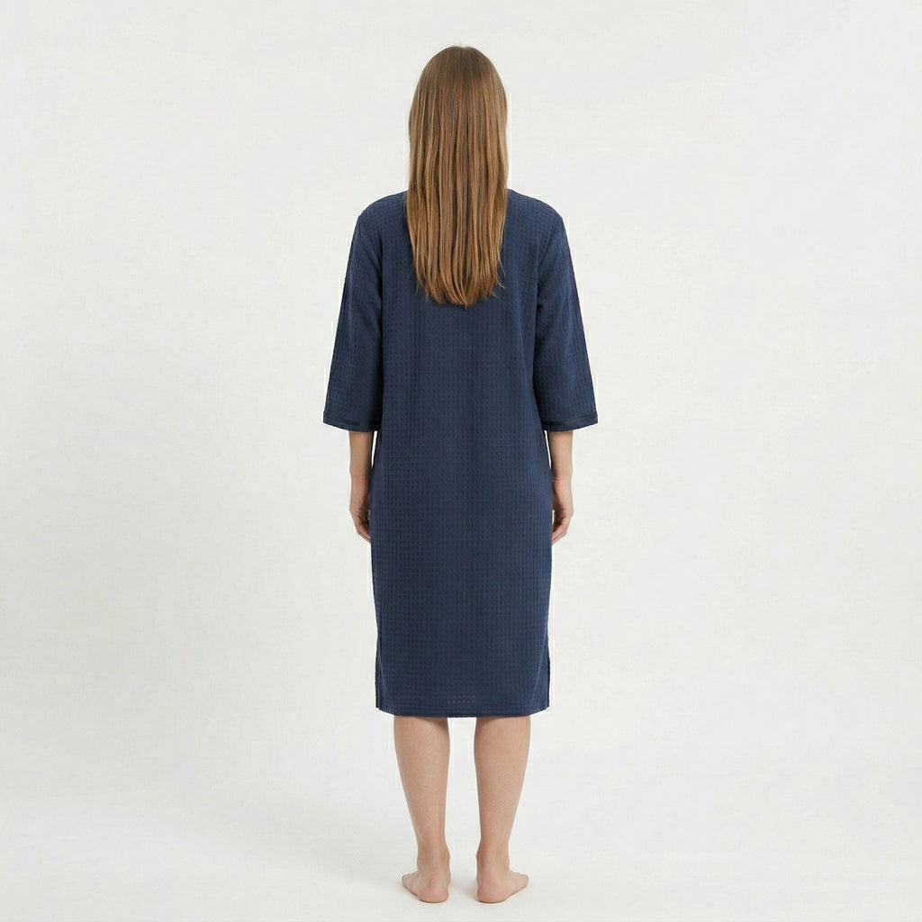 Anna-Kaci Women's Textured Knit Zip Front Nightgown with V Neckline Three Quarter Sleeves Relaxed Fit