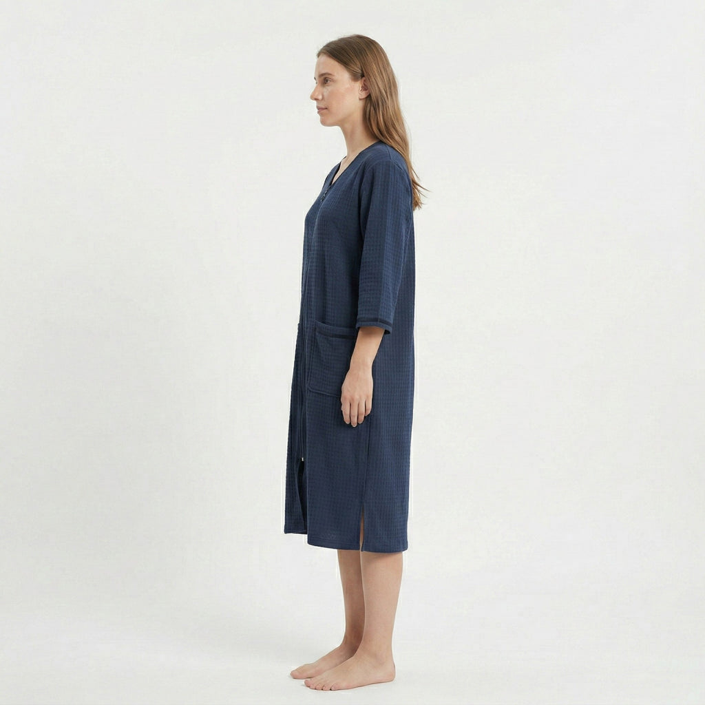 Anna-Kaci Women's Textured Knit Zip Front Nightgown with V Neckline Three Quarter Sleeves Relaxed Fit