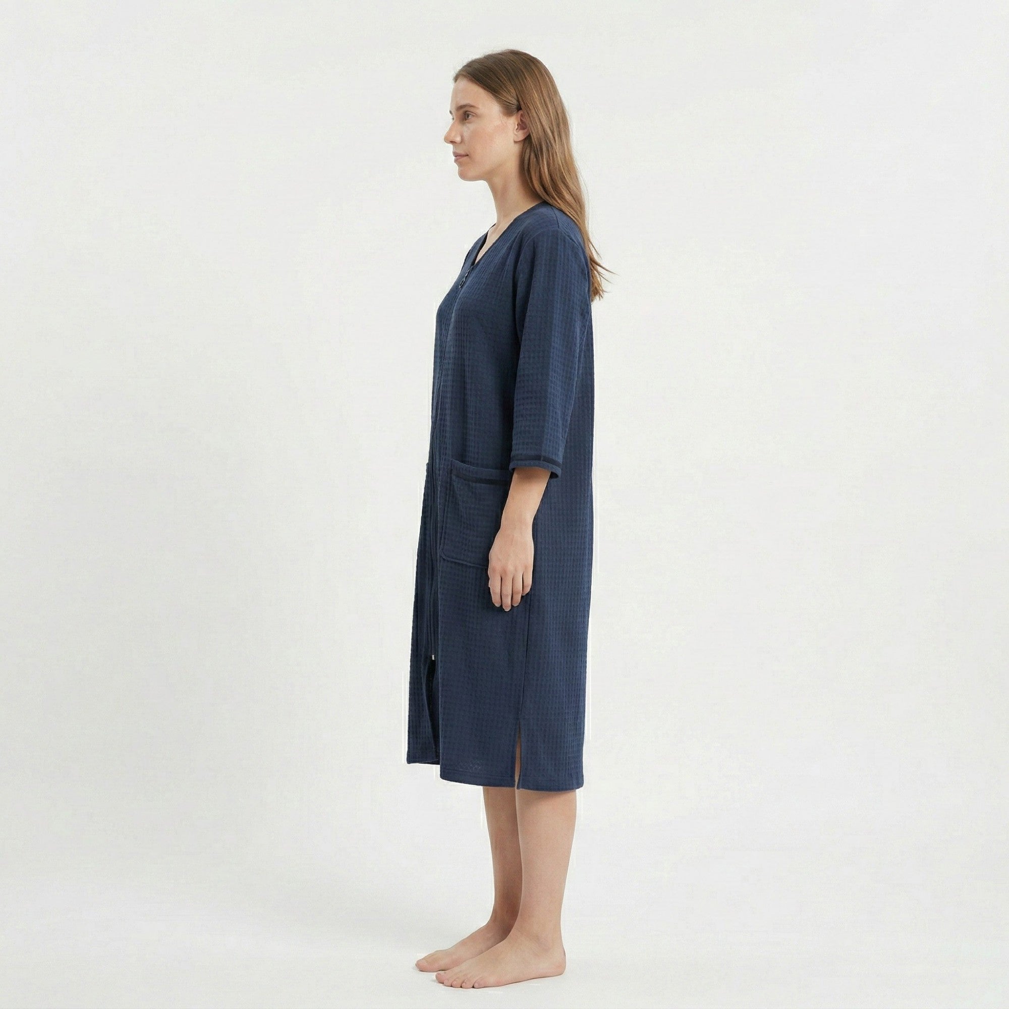 Anna-Kaci Women's Textured Knit Zip Front Nightgown with V Neckline Three Quarter Sleeves Relaxed Fit