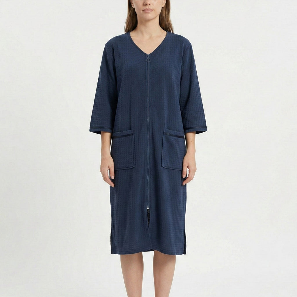 Anna-Kaci Women's Textured Knit Zip Front Nightgown with V Neckline Three Quarter Sleeves Relaxed Fit