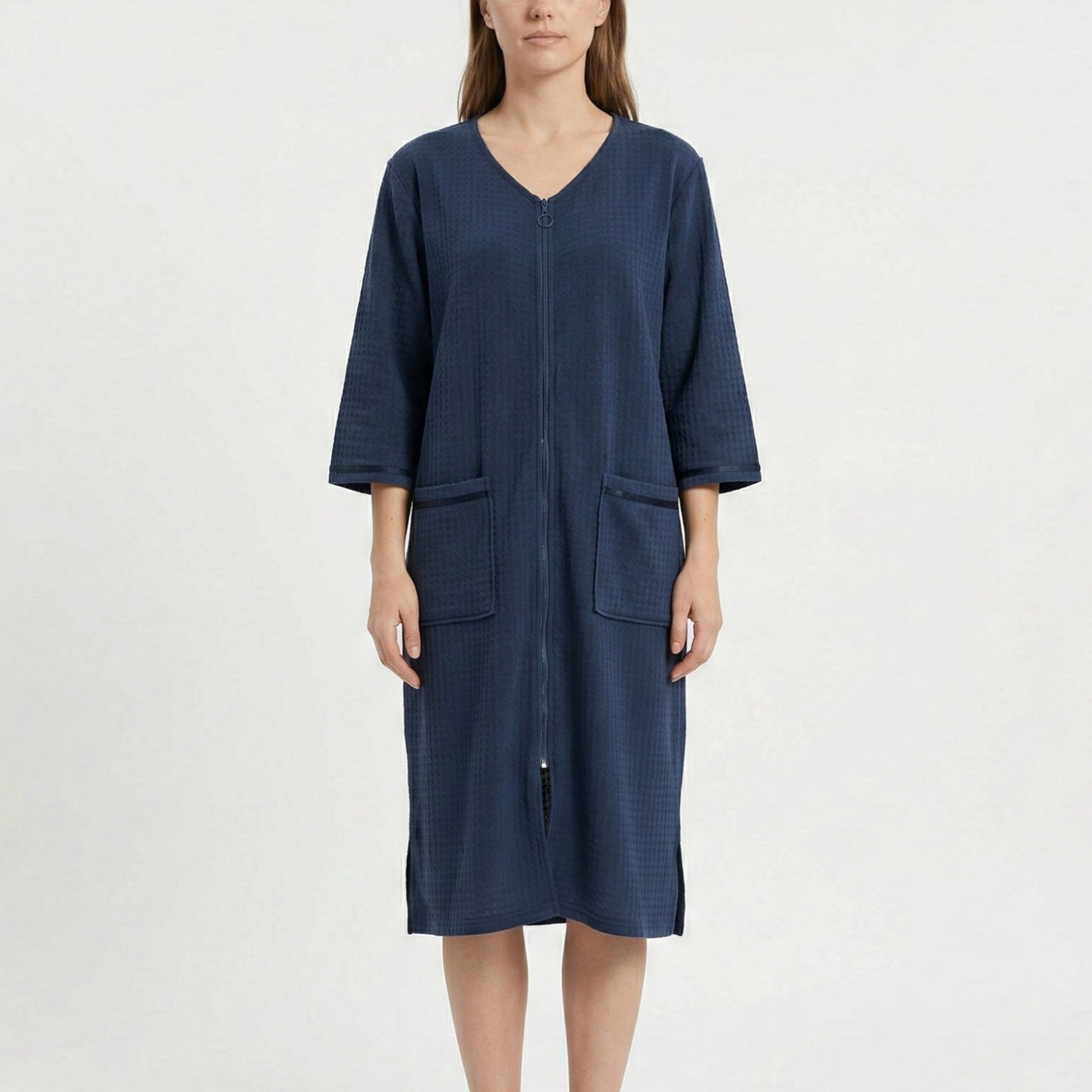 Anna-Kaci Women's Textured Knit Zip Front Nightgown with V Neckline Three Quarter Sleeves Relaxed Fit