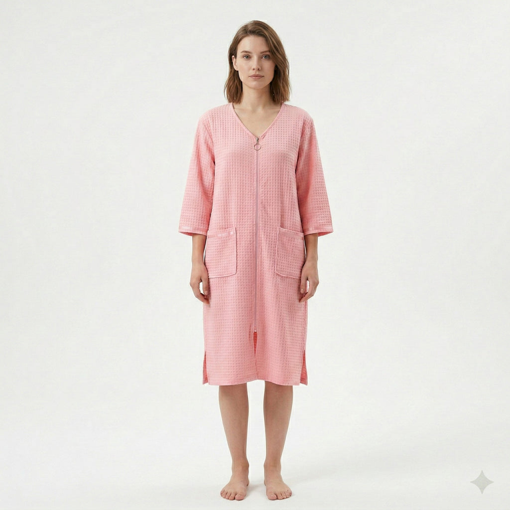 Anna-Kaci Women's Textured Knit Zip Front Nightgown with V Neckline Three Quarter Sleeves Relaxed Fit