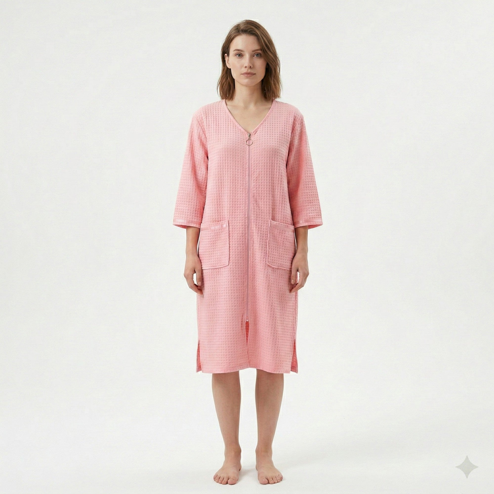 Anna-Kaci Women's Textured Knit Zip Front Nightgown with V Neckline Three Quarter Sleeves Relaxed Fit