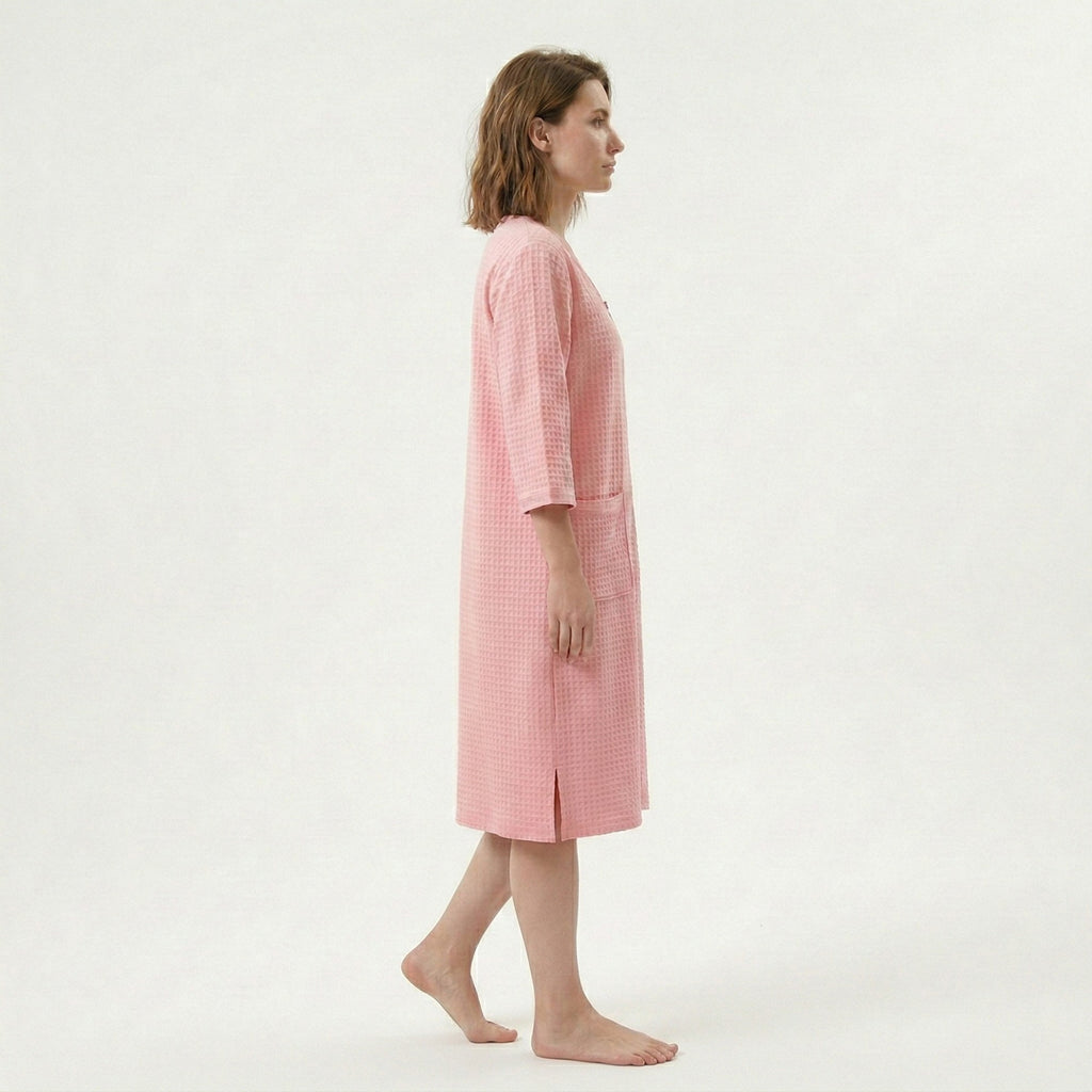 Anna-Kaci Women's Textured Knit Zip Front Nightgown with V Neckline Three Quarter Sleeves Relaxed Fit