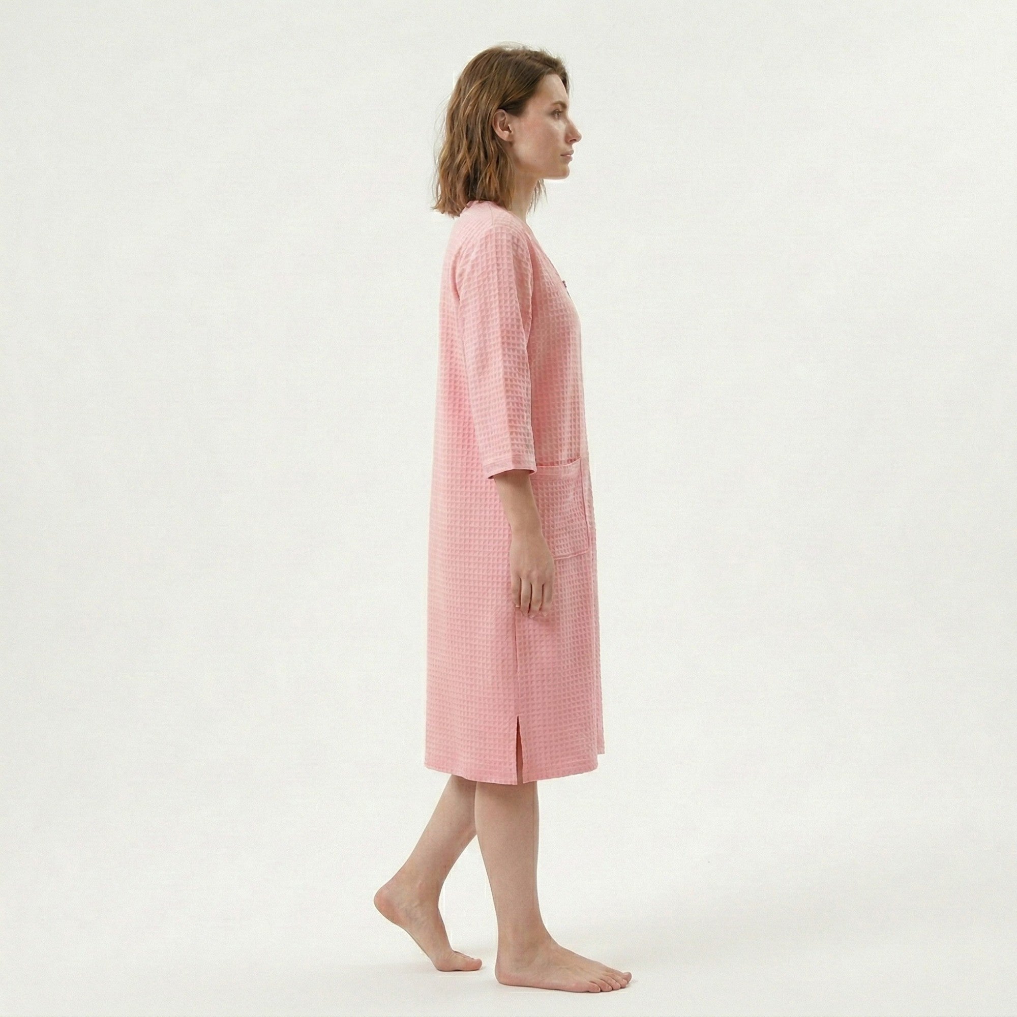 Anna-Kaci Women's Textured Knit Zip Front Nightgown with V Neckline Three Quarter Sleeves Relaxed Fit
