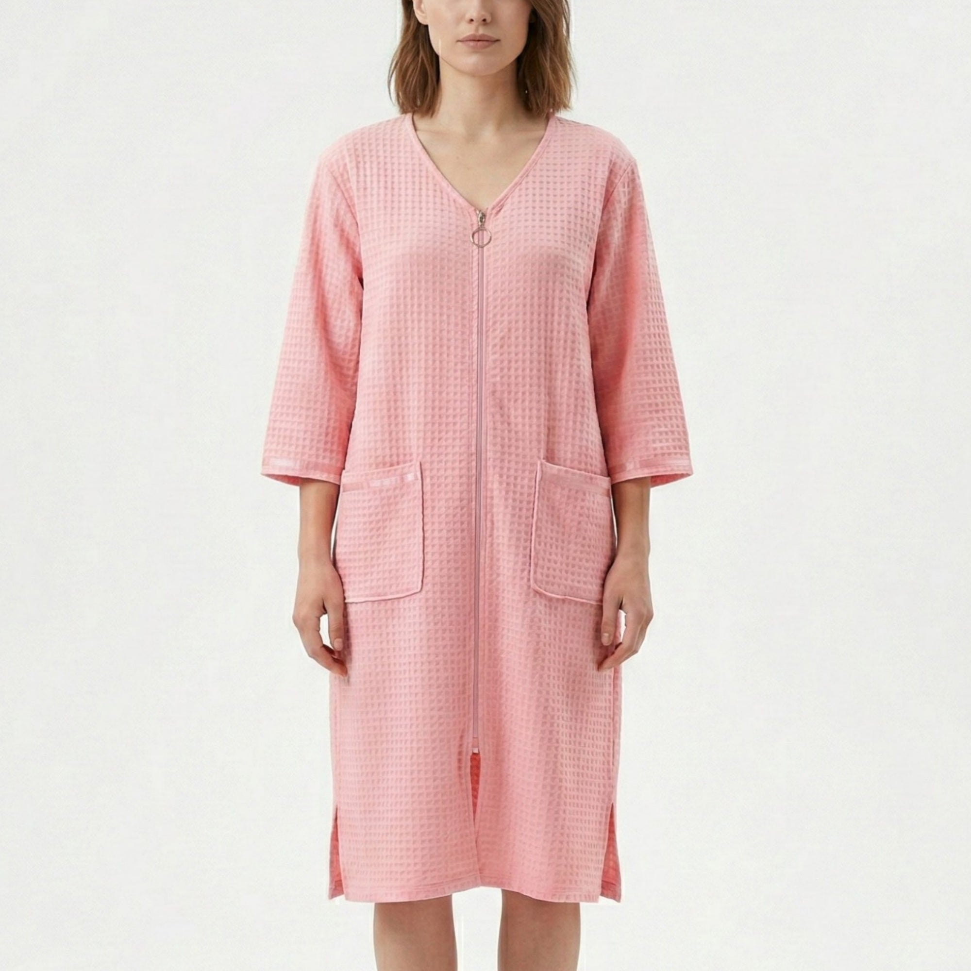 Anna-Kaci Women's Textured Knit Zip Front Nightgown with V Neckline Three Quarter Sleeves Relaxed Fit