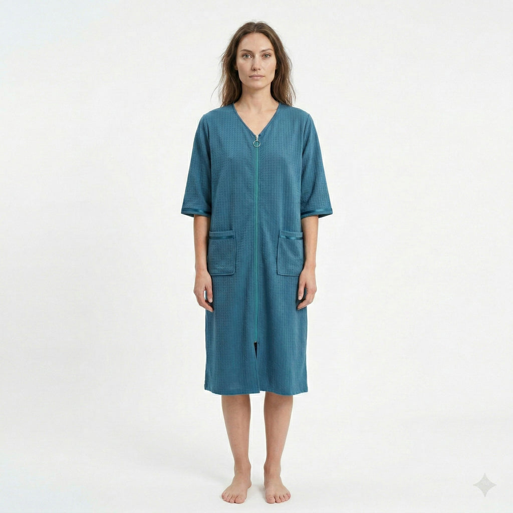 Anna-Kaci Women's Textured Knit Zip Front Nightgown with V Neckline Three Quarter Sleeves Relaxed Fit