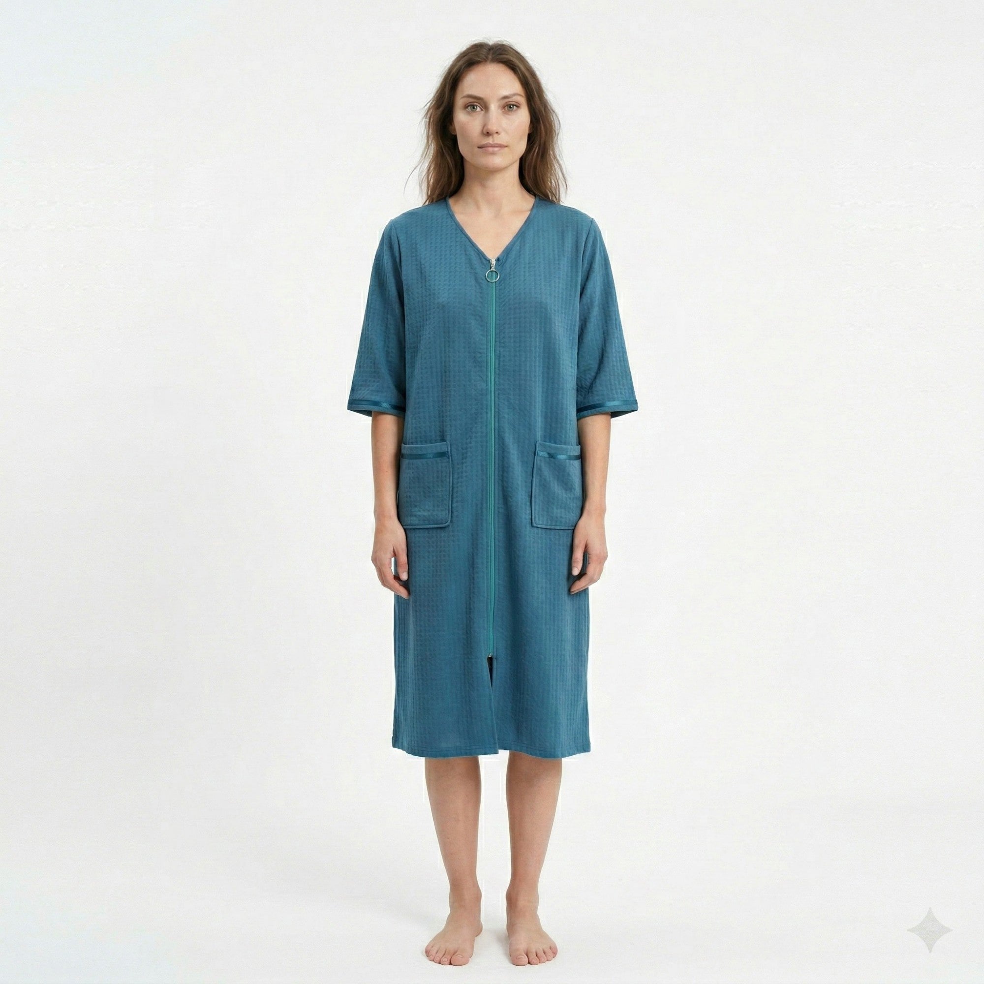 Anna-Kaci Women's Textured Knit Zip Front Nightgown with V Neckline Three Quarter Sleeves Relaxed Fit