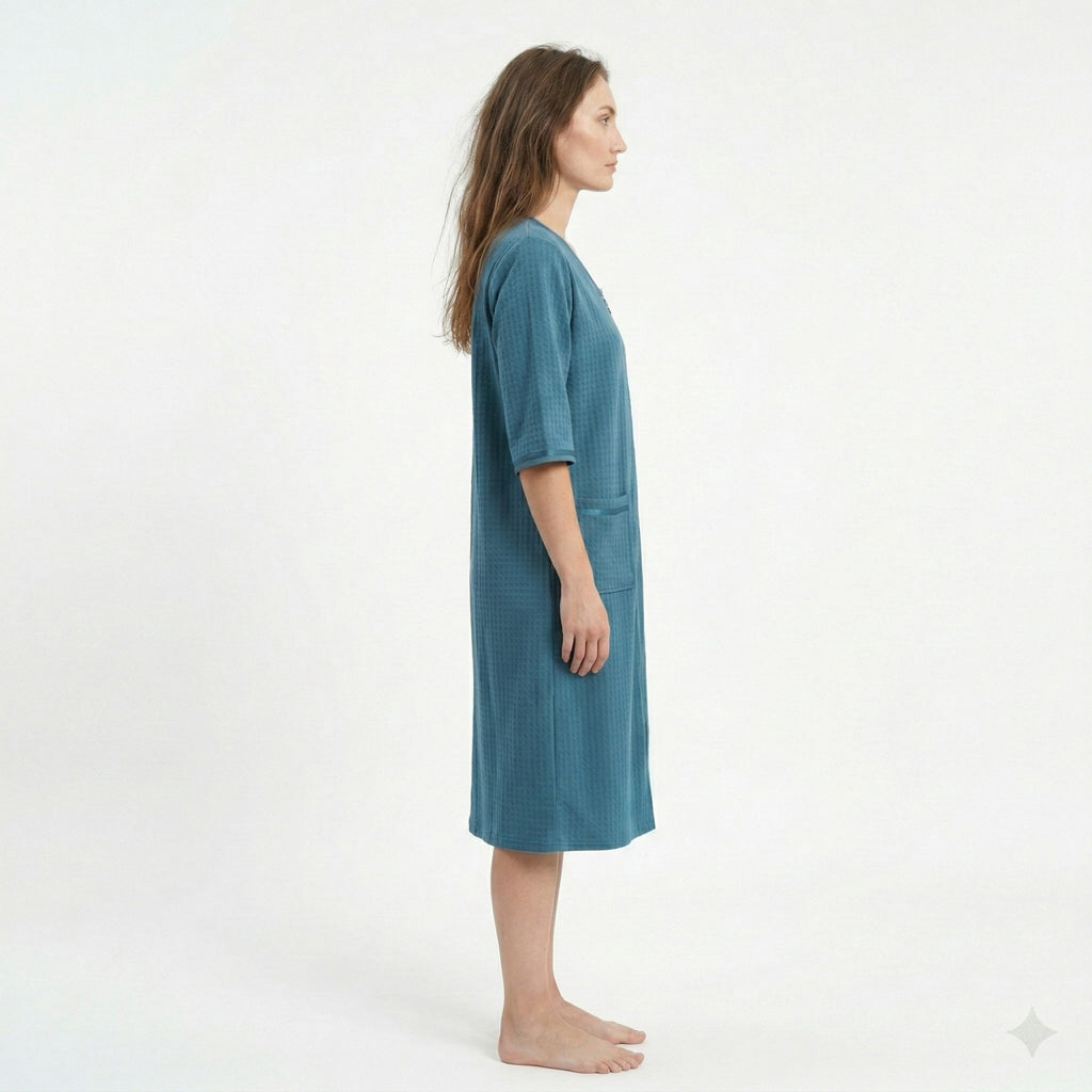 Anna-Kaci Women's Textured Knit Zip Front Nightgown with V Neckline Three Quarter Sleeves Relaxed Fit