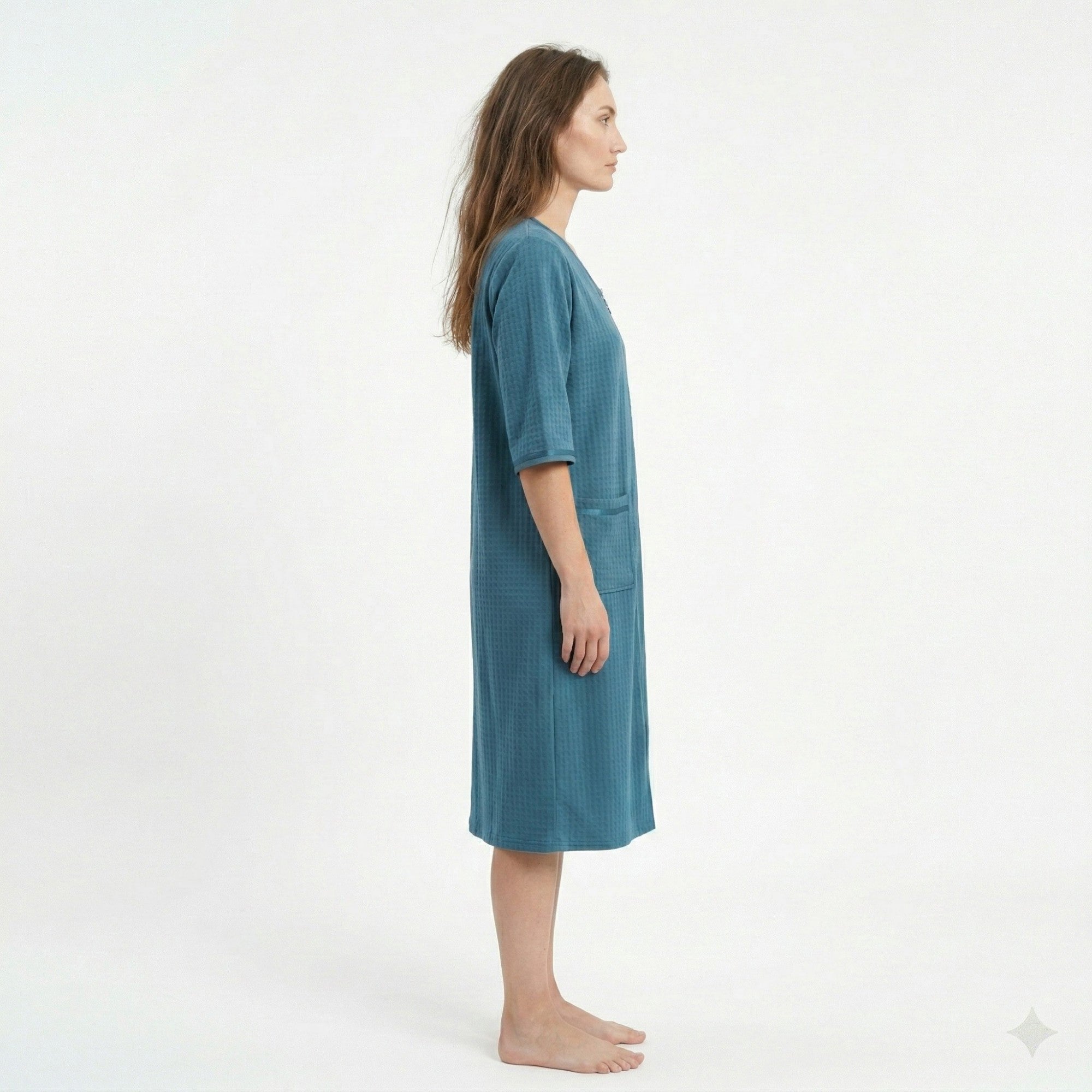 Anna-Kaci Women's Textured Knit Zip Front Nightgown with V Neckline Three Quarter Sleeves Relaxed Fit
