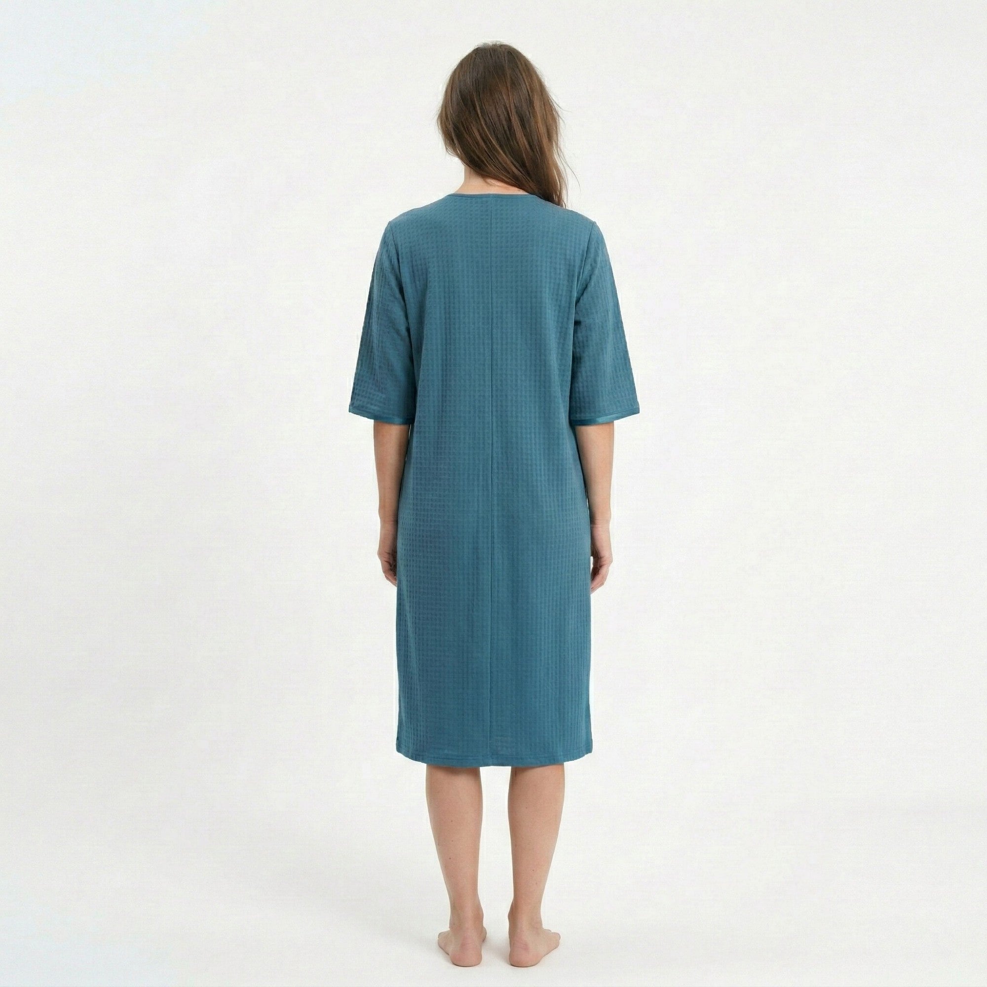 Anna-Kaci Women's Textured Knit Zip Front Nightgown with V Neckline Three Quarter Sleeves Relaxed Fit