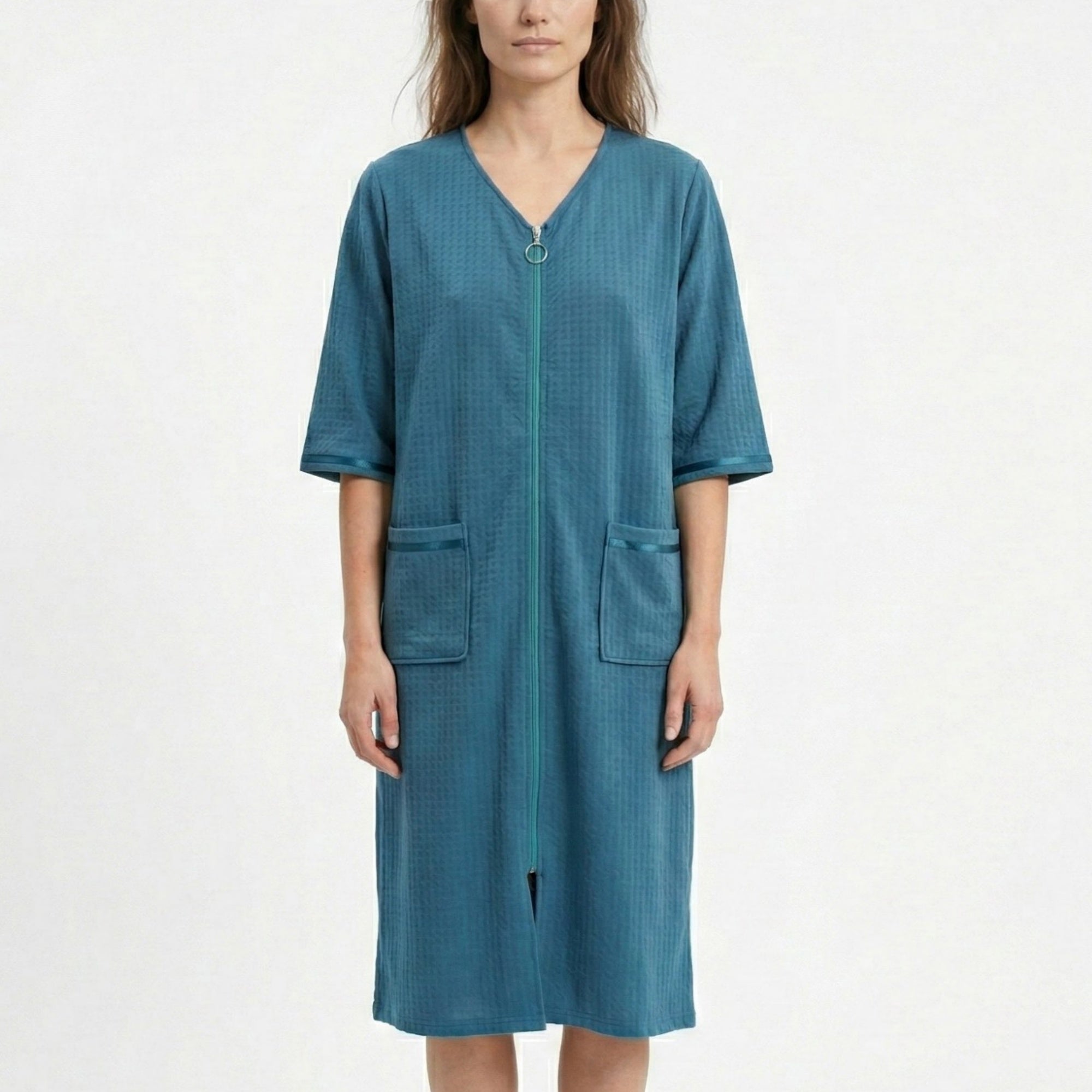 Anna-Kaci Women's Textured Knit Zip Front Nightgown with V Neckline Three Quarter Sleeves Relaxed Fit