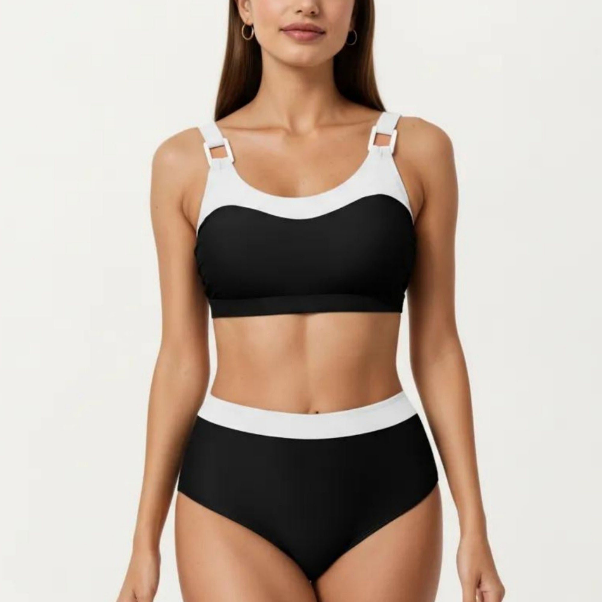 Anna-Kaci Women's 2-Piece Set Color Block Bikini Top with High Waisted Bottom Swim Set