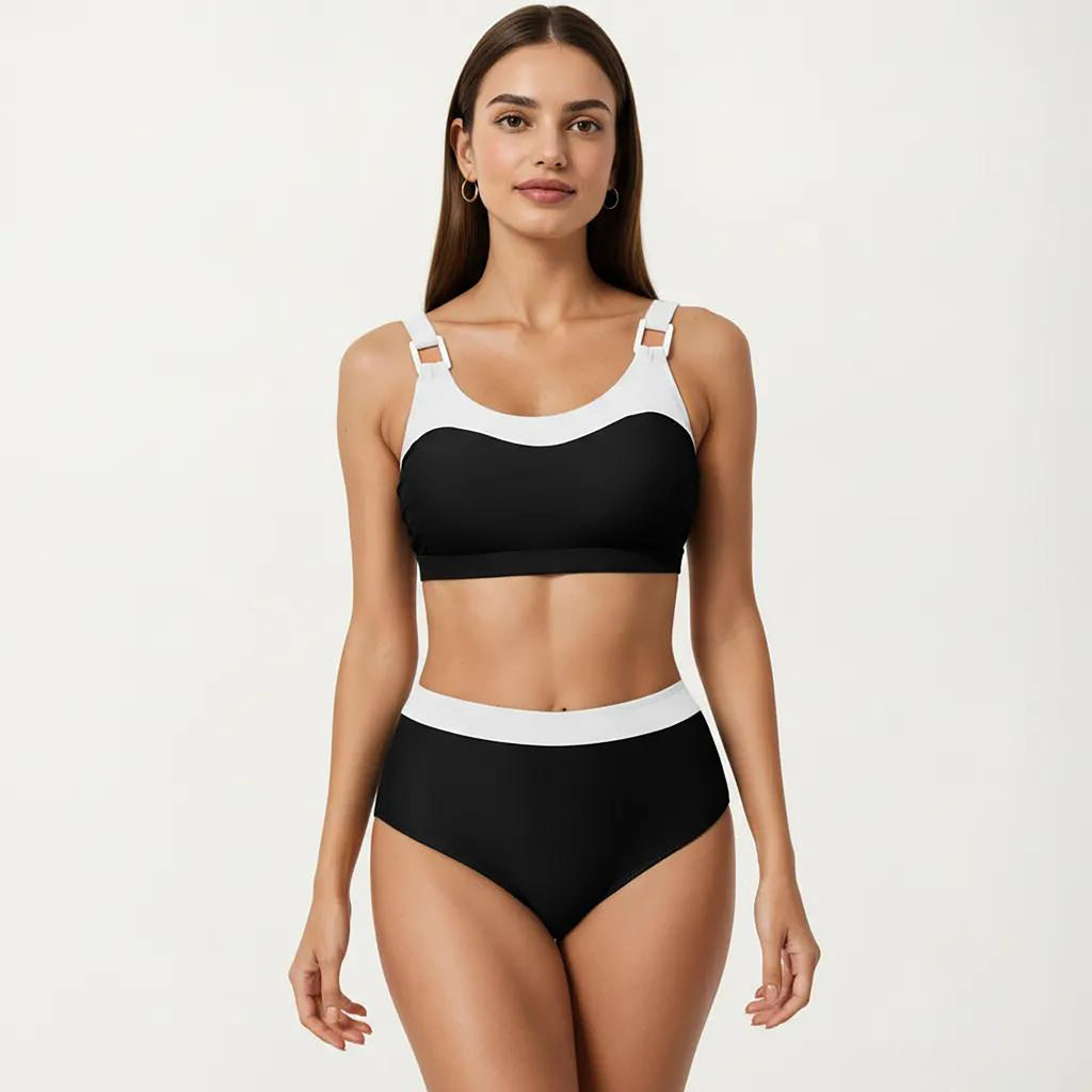 Anna-Kaci Women's 2-Piece Set Color Block Bikini Top with High Waisted Bottom Swim Set